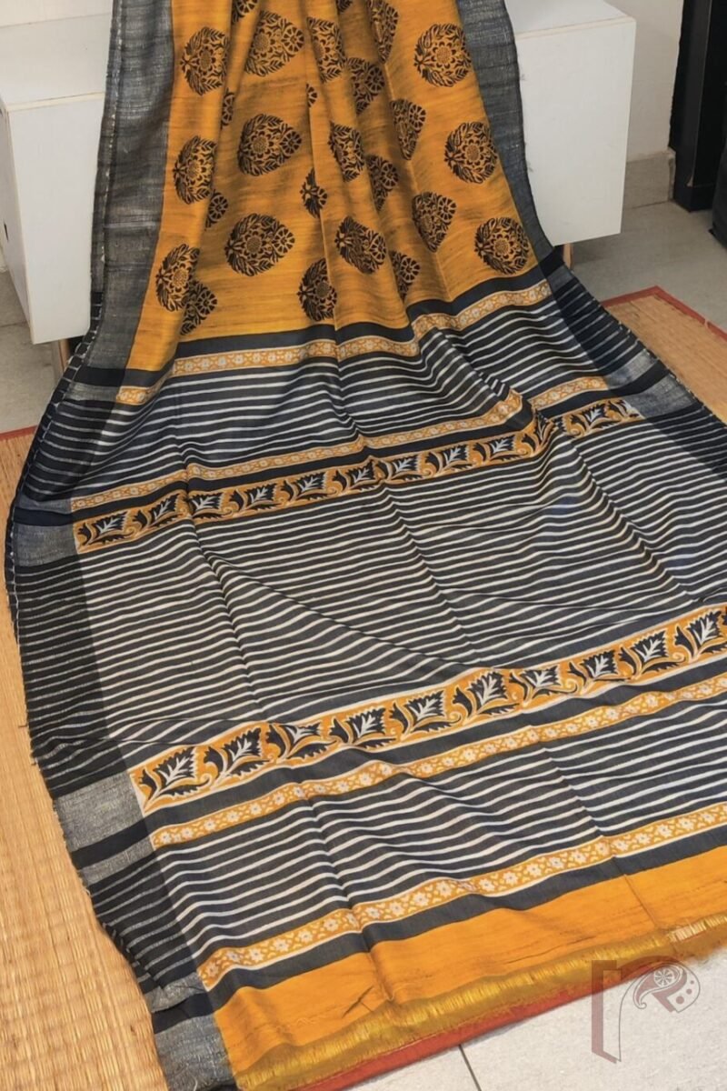 Tussar Tales – Mustard and Black Gicha Tussar Silk Saree with Leaf Block Print and Cream-Black Striped Pallu - Image 6