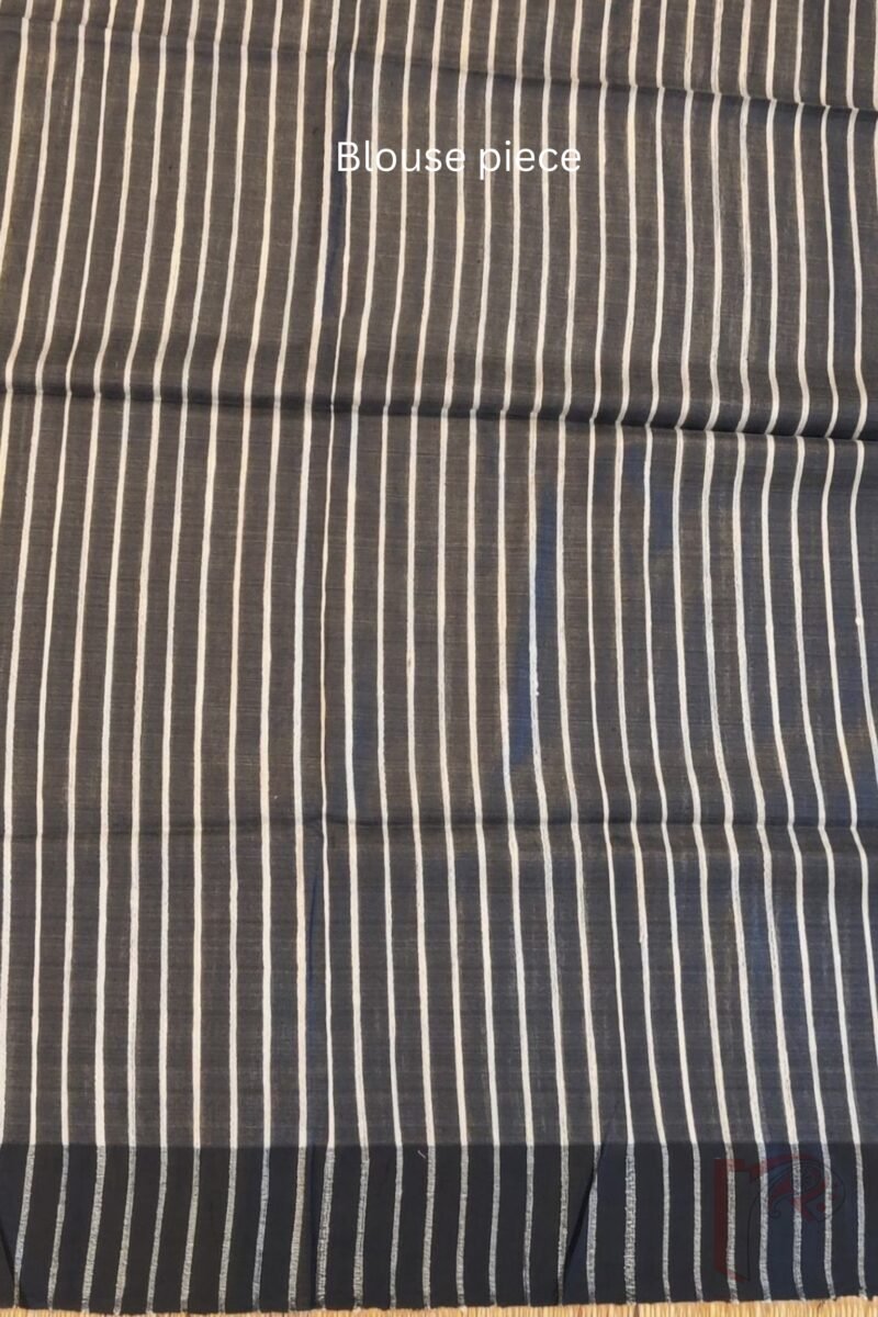 Tussar Tales – Mustard and Black Gicha Tussar Silk Saree with Leaf Block Print and Cream-Black Striped Pallu - Image 7