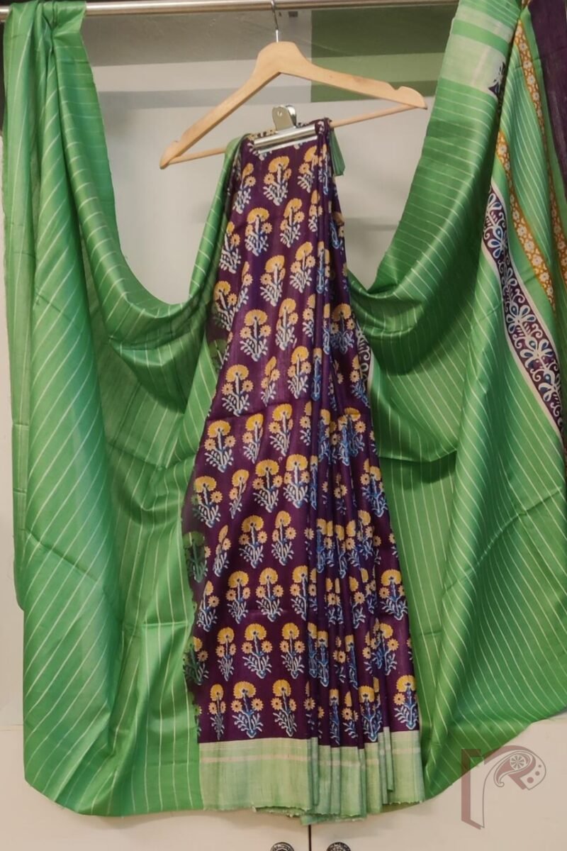 Tussar Tales - Purple and Parrot Green Gicha Tussar Silk Saree with Blue-Mustard Floral Stem Motif and Cream Striped Pallu - Image 2