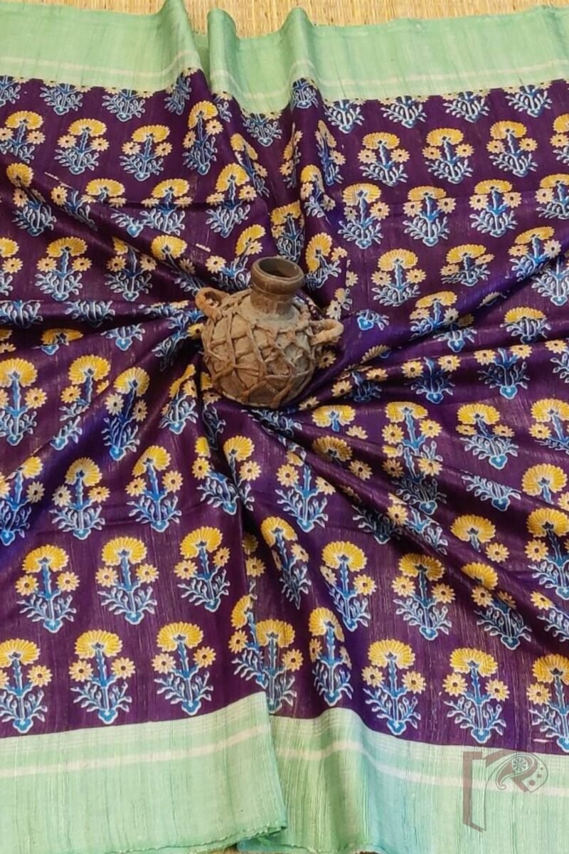 Tussar Tales - Purple and Parrot Green Gicha Tussar Silk Saree with Blue-Mustard Floral Stem Motif and Cream Striped Pallu - Image 3