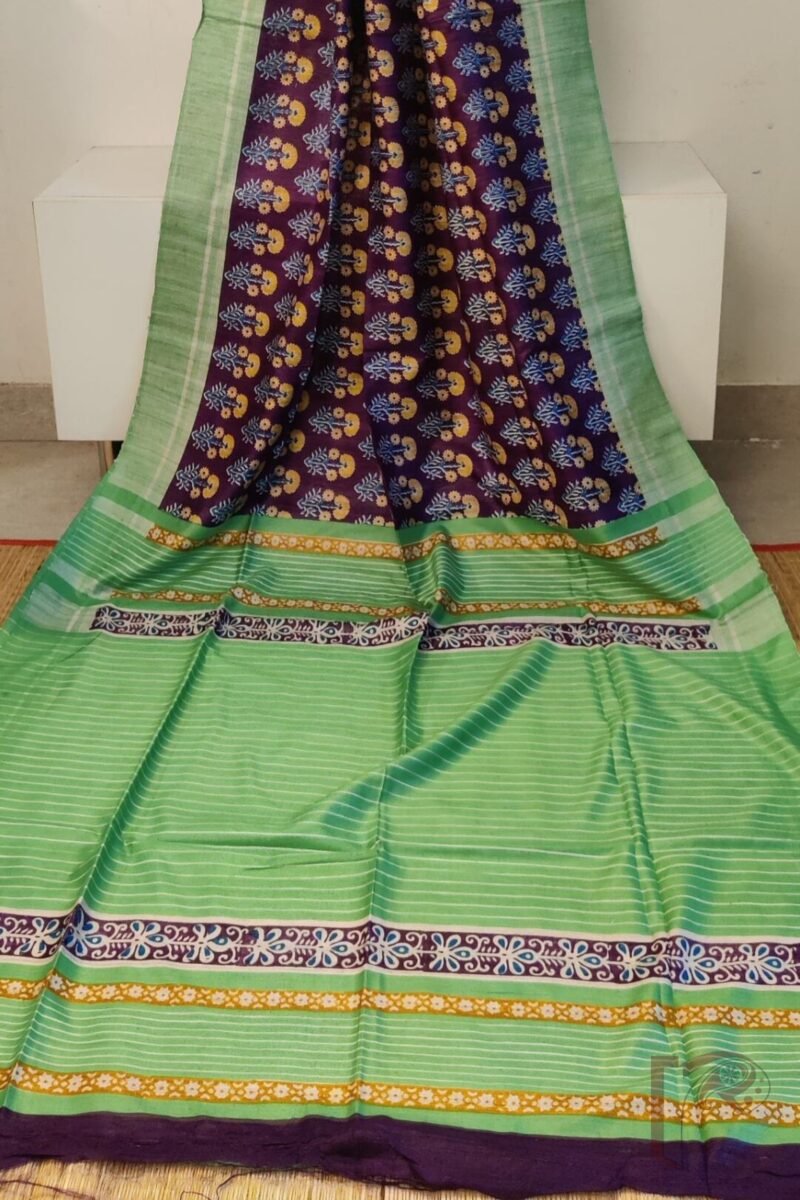 Tussar Tales - Purple and Parrot Green Gicha Tussar Silk Saree with Blue-Mustard Floral Stem Motif and Cream Striped Pallu - Image 4