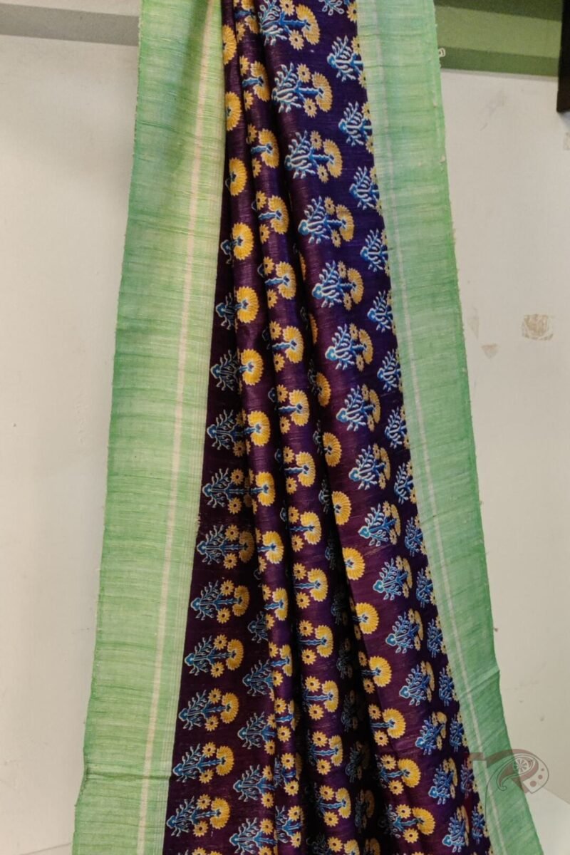 Tussar Tales - Purple and Parrot Green Gicha Tussar Silk Saree with Blue-Mustard Floral Stem Motif and Cream Striped Pallu - Image 5
