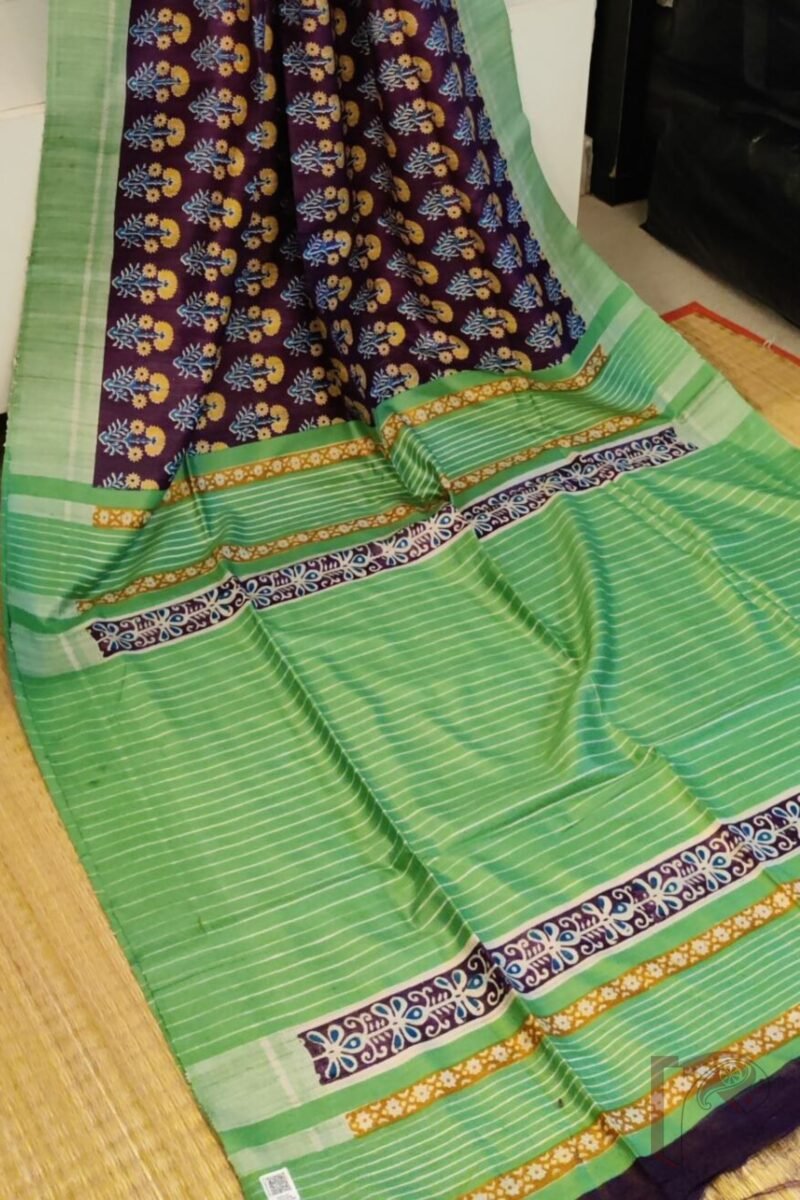 Tussar Tales - Purple and Parrot Green Gicha Tussar Silk Saree with Blue-Mustard Floral Stem Motif and Cream Striped Pallu - Image 6