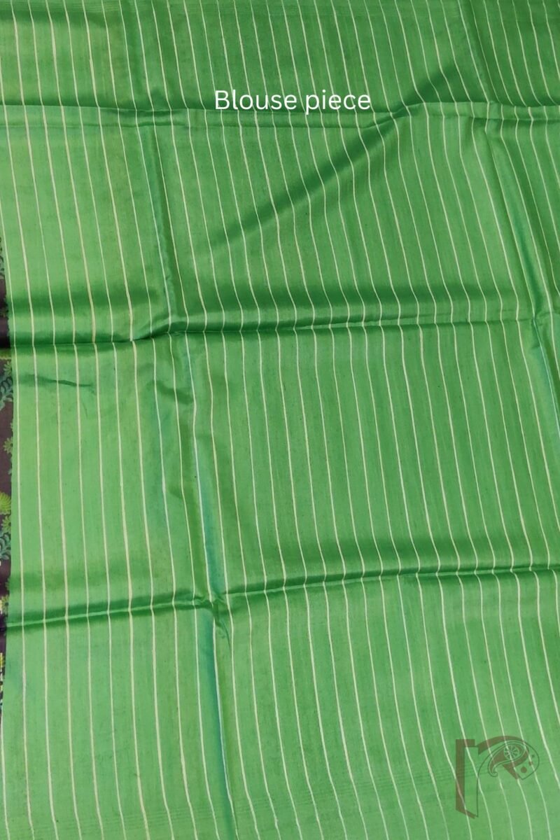 Tussar Tales - Purple and Parrot Green Gicha Tussar Silk Saree with Blue-Mustard Floral Stem Motif and Cream Striped Pallu - Image 7