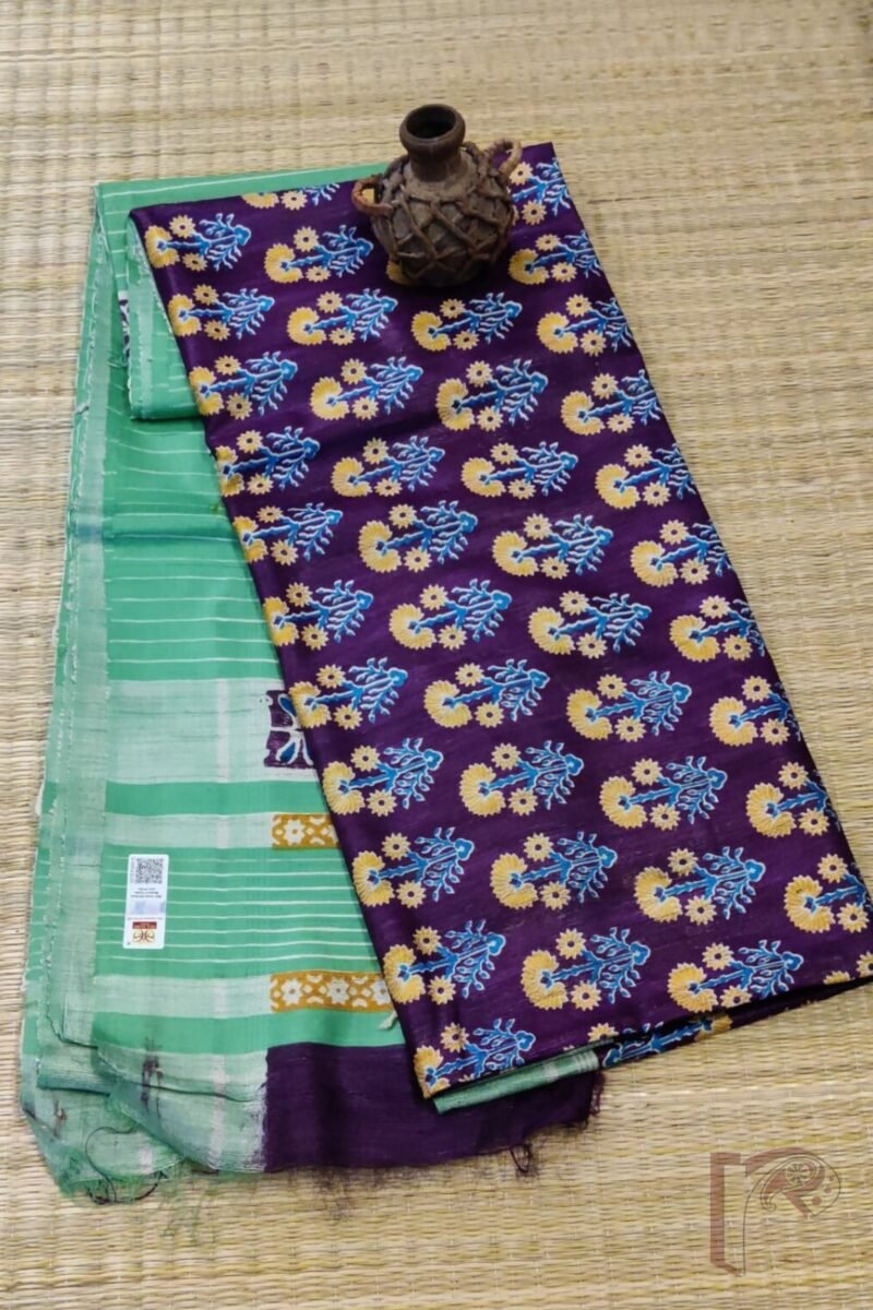 Tussar Tales - Purple and Parrot Green Gicha Tussar Silk Saree with Blue-Mustard Floral Stem Motif and Cream Striped Pallu