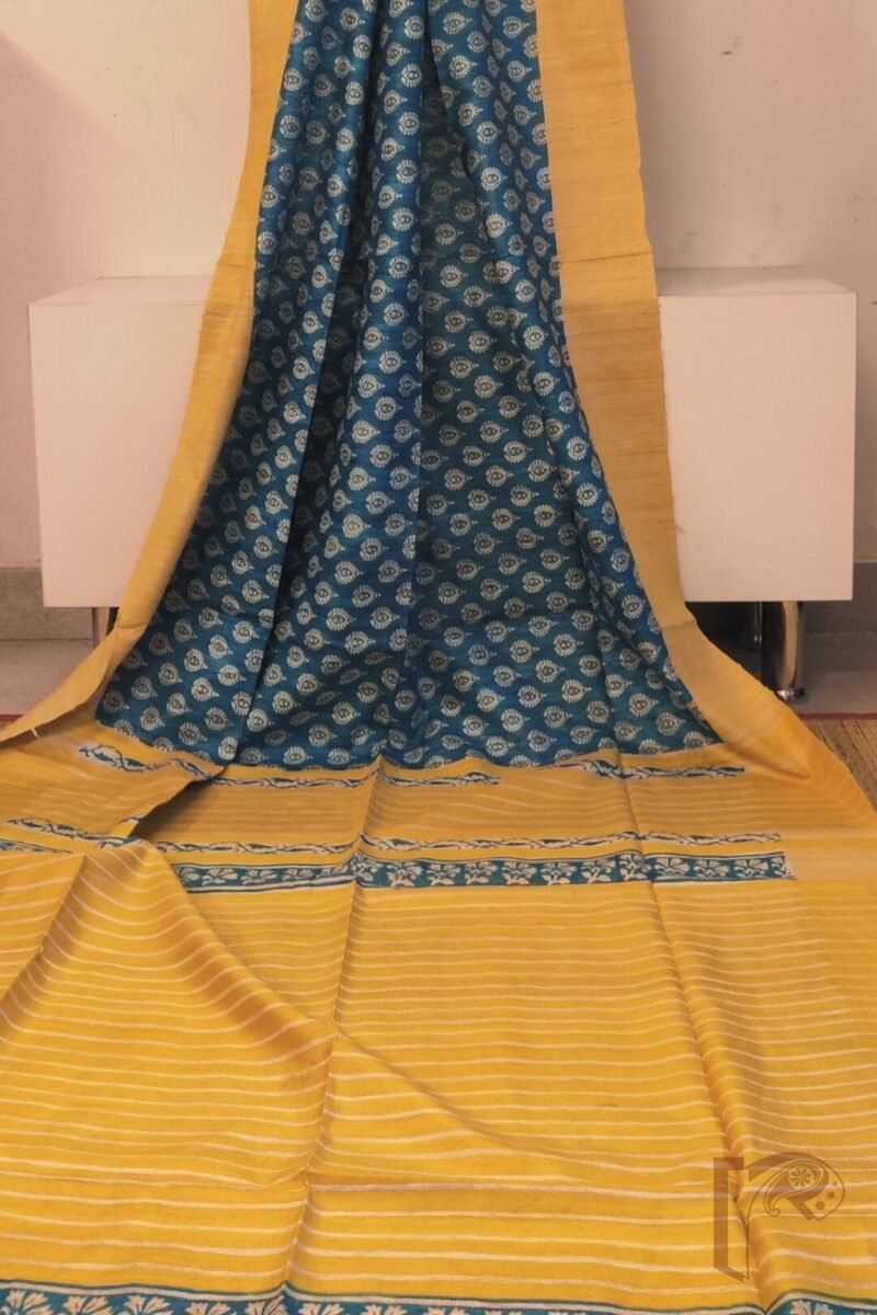 Tussar Tales - Copper Sulphate Blue and Mango Yellow Gicha Tussar Silk Saree with Cream Leaf Motifs and Striped Pallu - Image 2