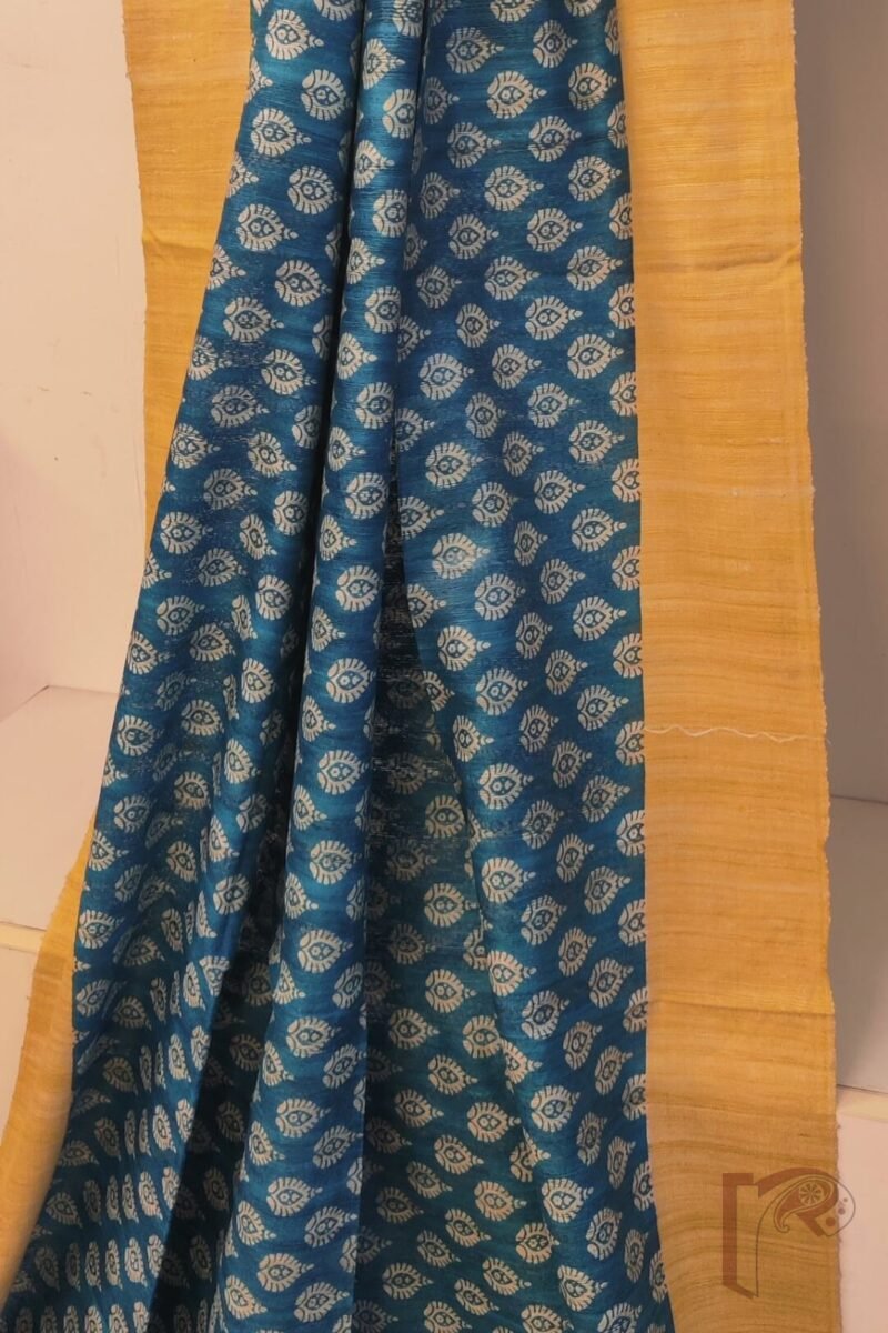 Tussar Tales - Copper Sulphate Blue and Mango Yellow Gicha Tussar Silk Saree with Cream Leaf Motifs and Striped Pallu - Image 3