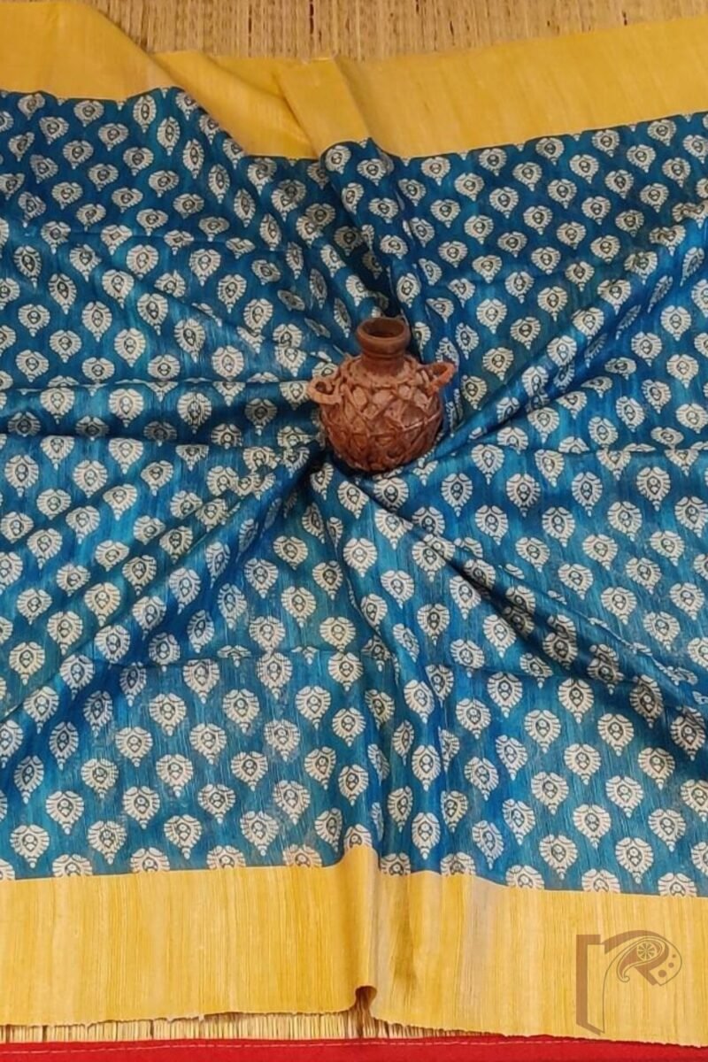 Tussar Tales - Copper Sulphate Blue and Mango Yellow Gicha Tussar Silk Saree with Cream Leaf Motifs and Striped Pallu - Image 4
