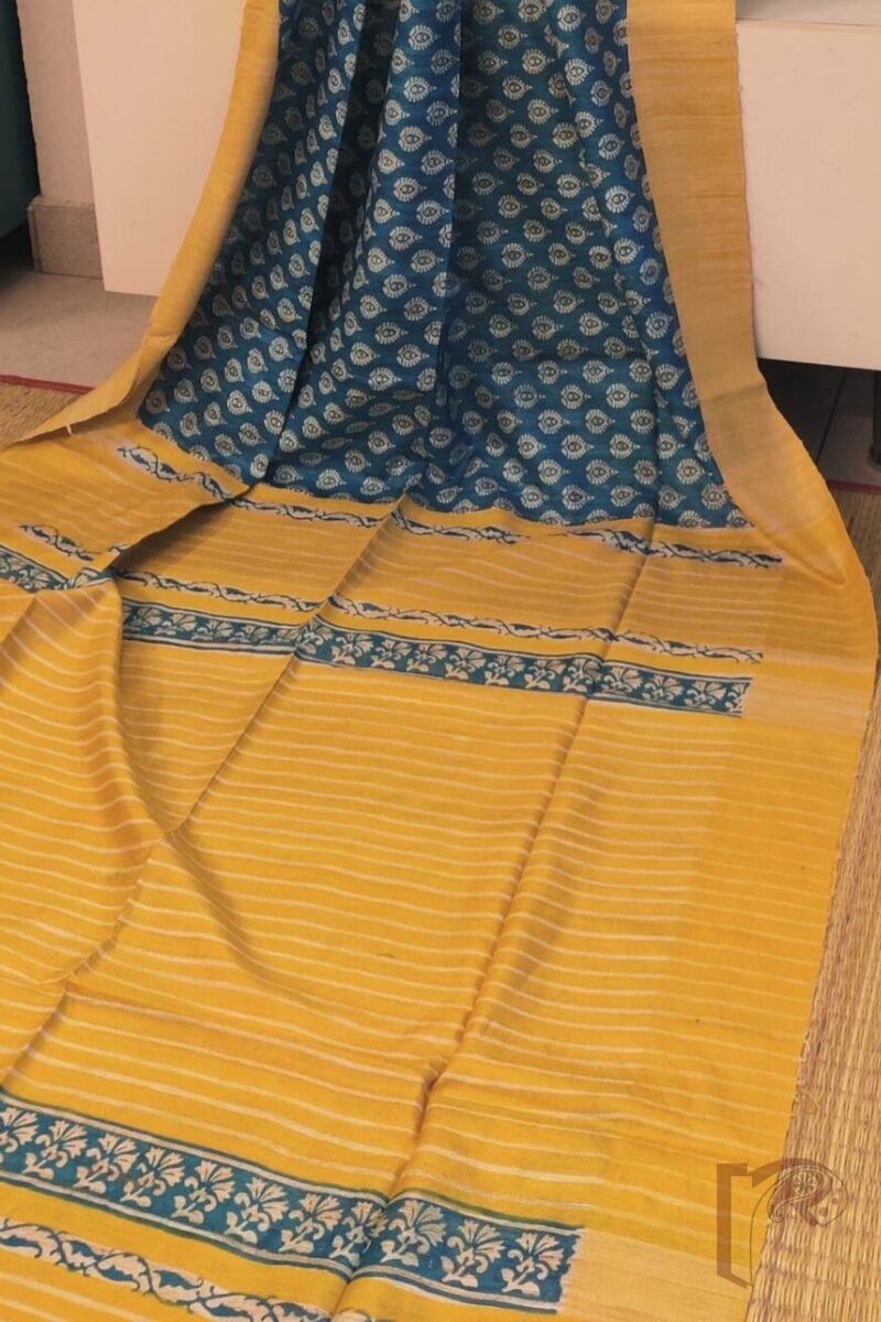 Tussar Tales - Copper Sulphate Blue and Mango Yellow Gicha Tussar Silk Saree with Cream Leaf Motifs and Striped Pallu - Image 5
