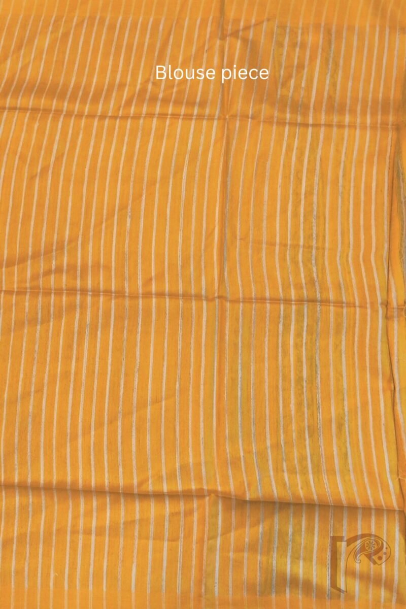 Tussar Tales - Copper Sulphate Blue and Mango Yellow Gicha Tussar Silk Saree with Cream Leaf Motifs and Striped Pallu - Image 6