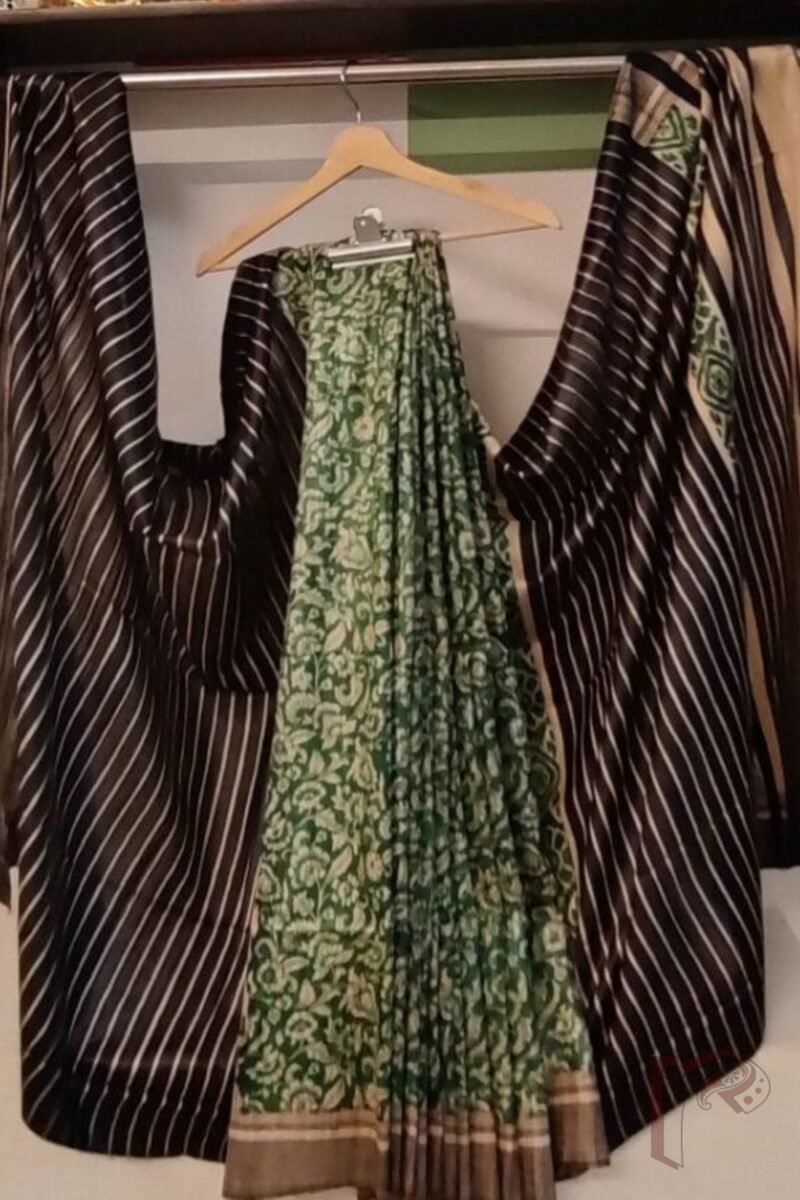 Tussar Tales - Bottle Green and Black Gicha Tussar Silk Saree with Cream Kalamkari Print and Black-Cream Striped Pallu - Image 2
