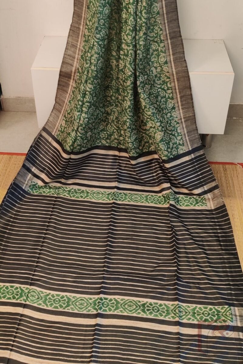 Tussar Tales - Bottle Green and Black Gicha Tussar Silk Saree with Cream Kalamkari Print and Black-Cream Striped Pallu - Image 3