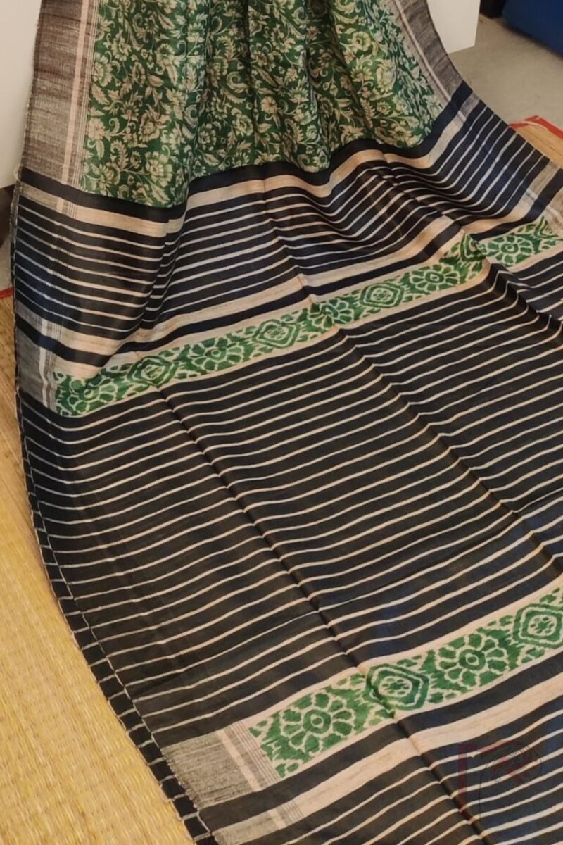 Tussar Tales - Bottle Green and Black Gicha Tussar Silk Saree with Cream Kalamkari Print and Black-Cream Striped Pallu - Image 6
