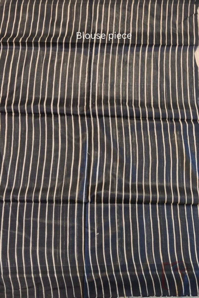 Tussar Tales - Bottle Green and Black Gicha Tussar Silk Saree with Cream Kalamkari Print and Black-Cream Striped Pallu - Image 7