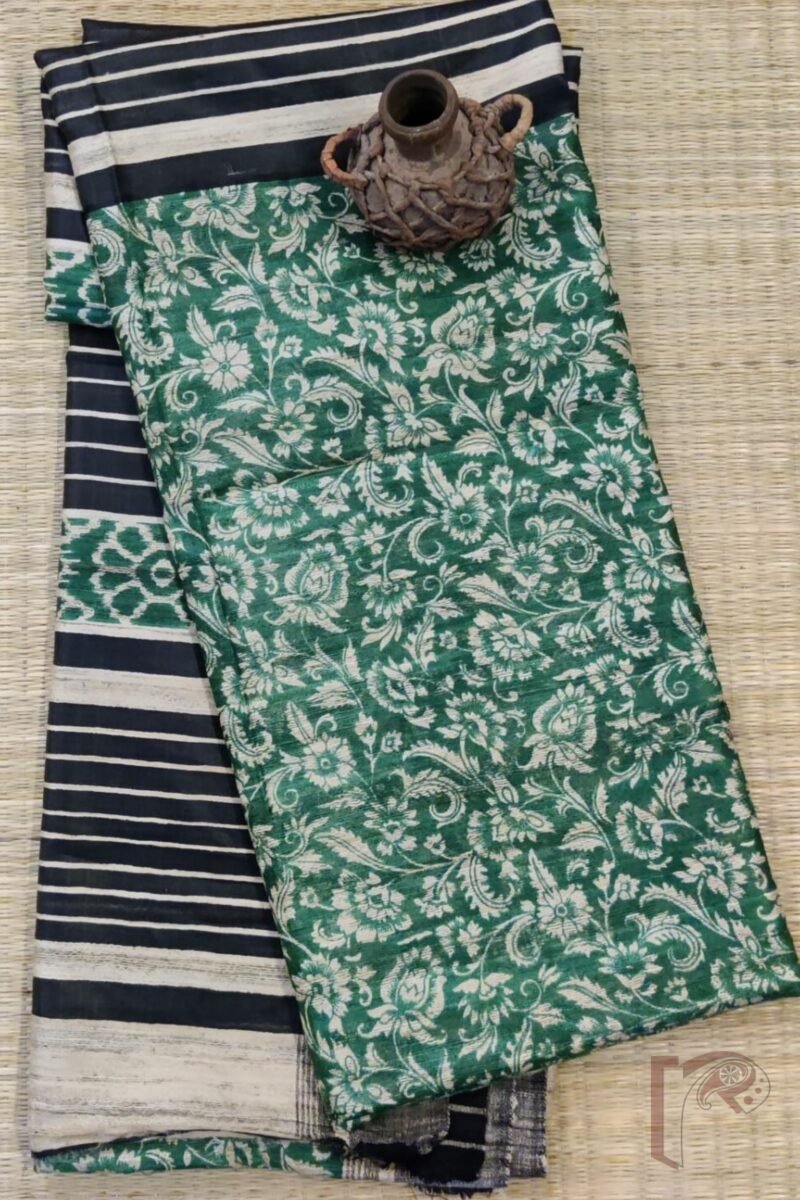 Tussar Tales - Bottle Green and Black Gicha Tussar Silk Saree with Cream Kalamkari Print and Black-Cream Striped Pallu