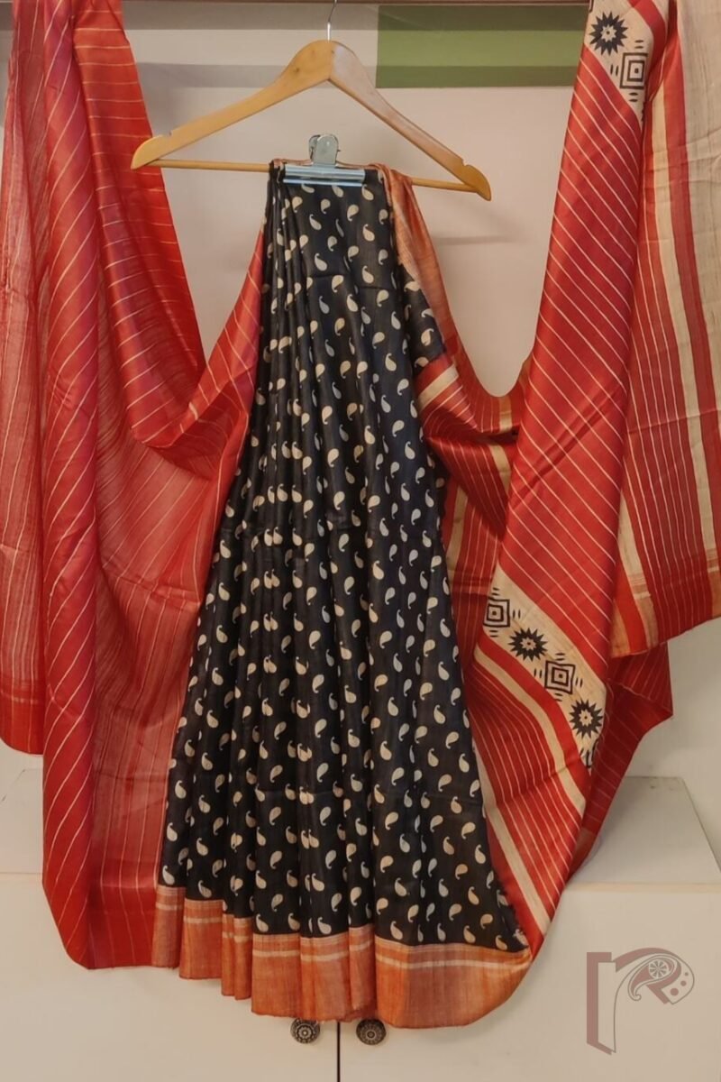 Tussar Tales - Black and Red Gicha Tussar Silk Saree with Cream Kairi Motifs and Striped Red Pallu - Image 2