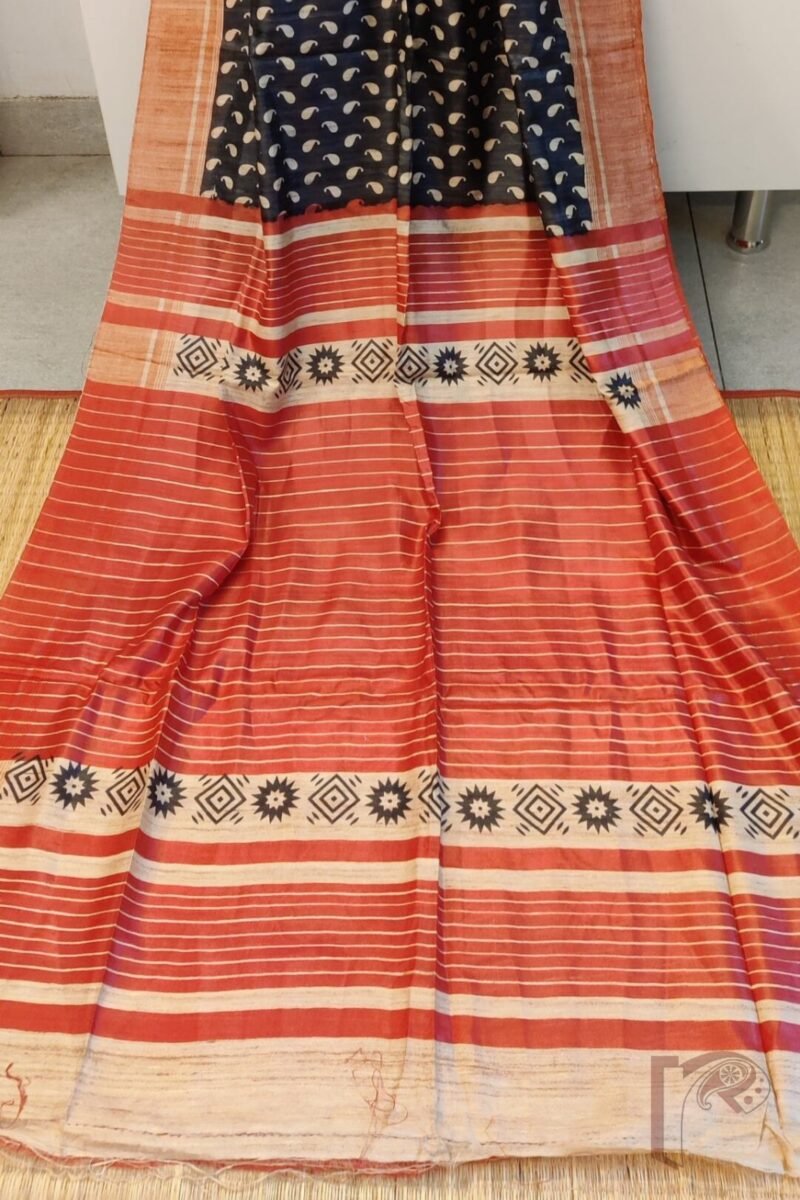 Tussar Tales - Black and Red Gicha Tussar Silk Saree with Cream Kairi Motifs and Striped Red Pallu - Image 3
