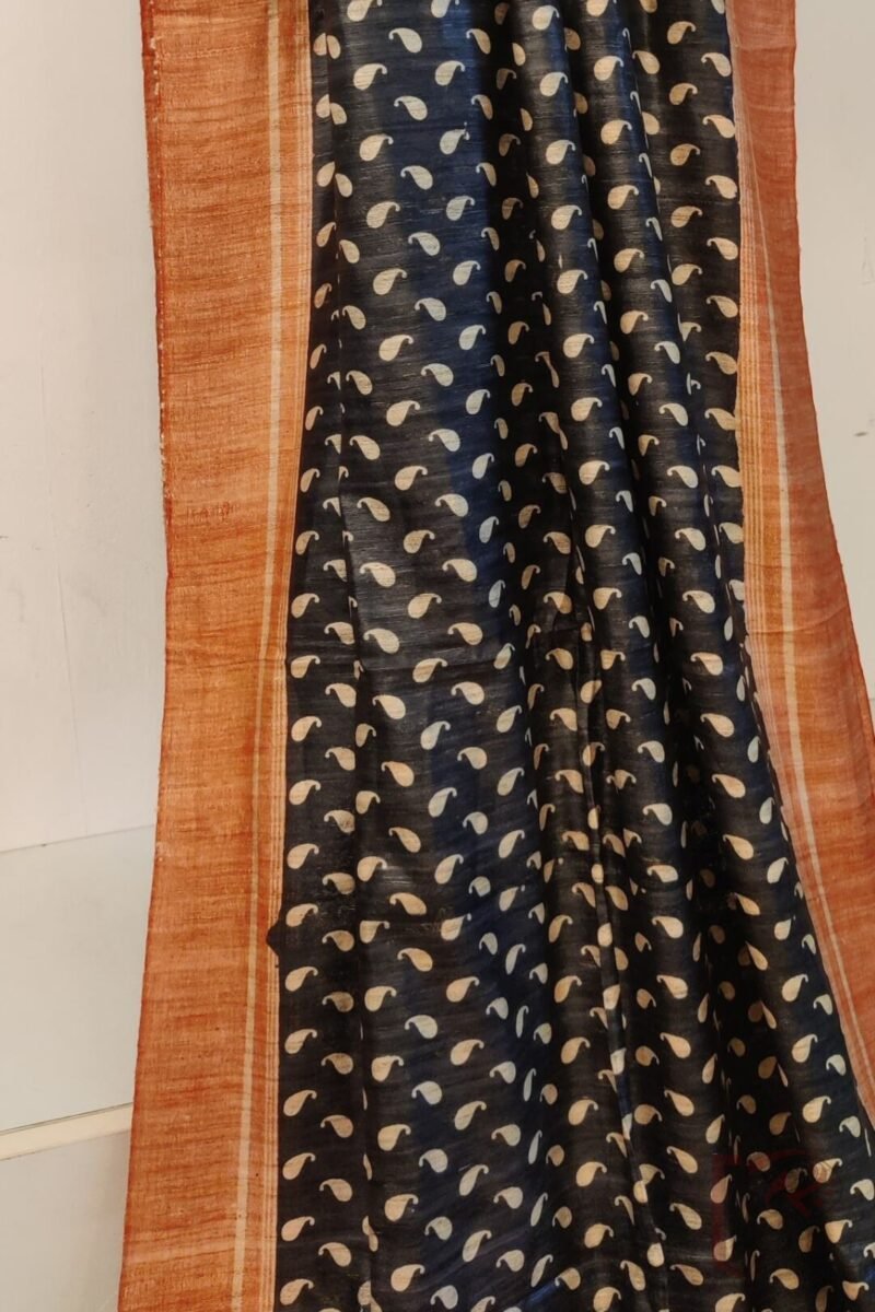 Tussar Tales - Black and Red Gicha Tussar Silk Saree with Cream Kairi Motifs and Striped Red Pallu - Image 5
