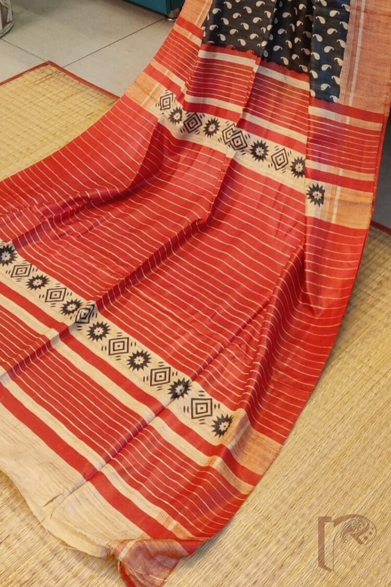 Tussar Tales - Black and Red Gicha Tussar Silk Saree with Cream Kairi Motifs and Striped Red Pallu - Image 7