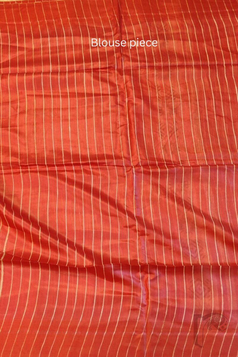 Tussar Tales - Black and Red Gicha Tussar Silk Saree with Cream Kairi Motifs and Striped Red Pallu - Image 8