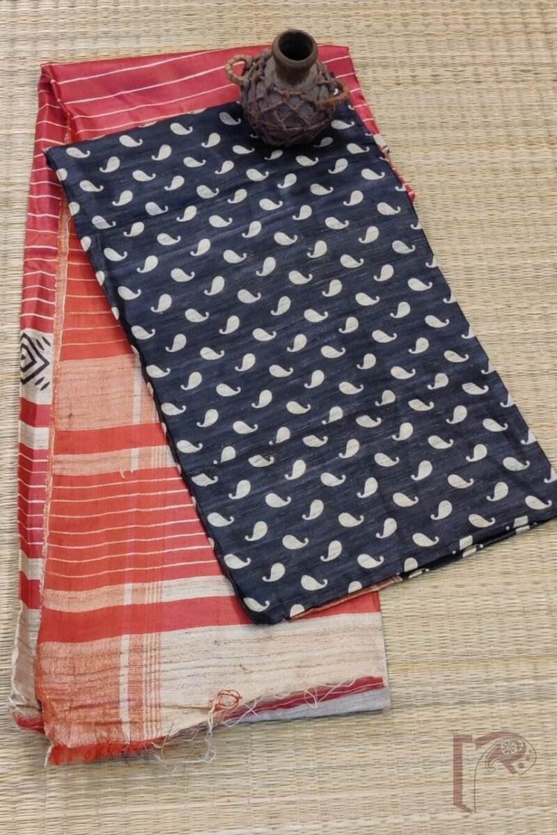Tussar Tales - Black and Red Gicha Tussar Silk Saree with Cream Kairi Motifs and Striped Red Pallu