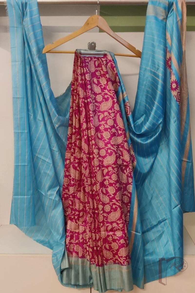 Tussar Tales - Hot Pink and Sky Blue Gicha Tussar Silk Saree with Cream Kalamkari Mango and Leaf Print and Striped Blue Blouse - Image 2