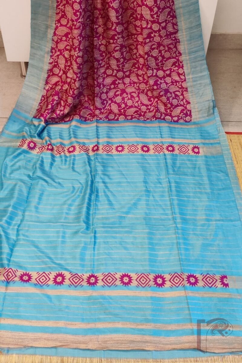 Tussar Tales - Hot Pink and Sky Blue Gicha Tussar Silk Saree with Cream Kalamkari Mango and Leaf Print and Striped Blue Blouse - Image 3