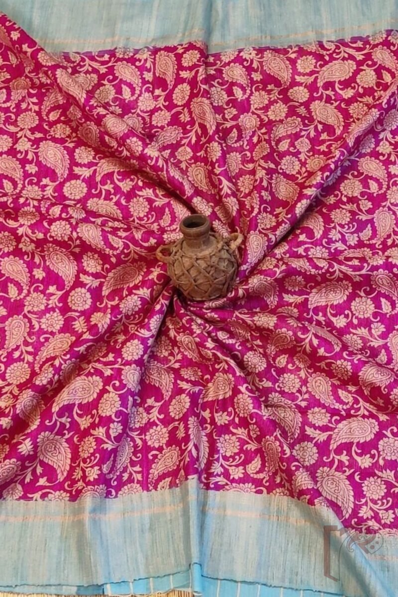 Tussar Tales - Hot Pink and Sky Blue Gicha Tussar Silk Saree with Cream Kalamkari Mango and Leaf Print and Striped Blue Blouse - Image 4
