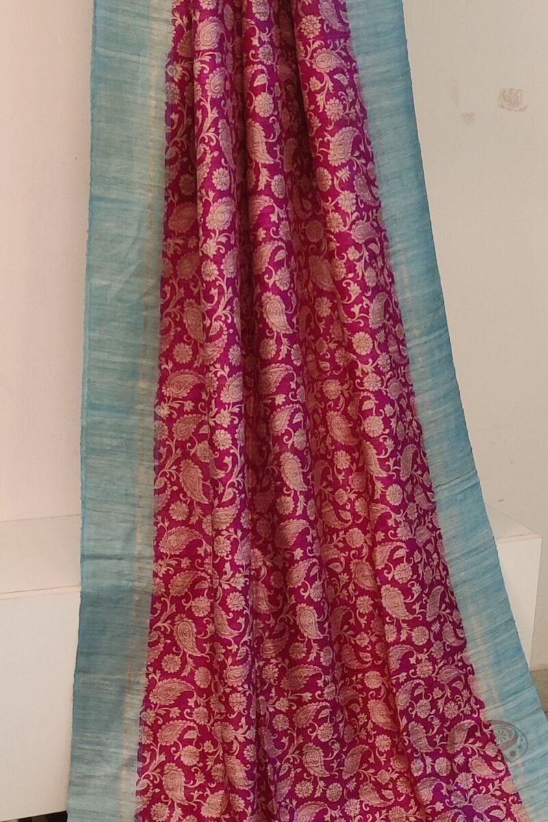 Tussar Tales - Hot Pink and Sky Blue Gicha Tussar Silk Saree with Cream Kalamkari Mango and Leaf Print and Striped Blue Blouse - Image 5