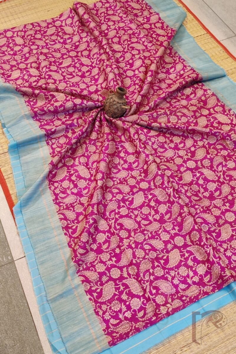 Tussar Tales - Hot Pink and Sky Blue Gicha Tussar Silk Saree with Cream Kalamkari Mango and Leaf Print and Striped Blue Blouse - Image 6