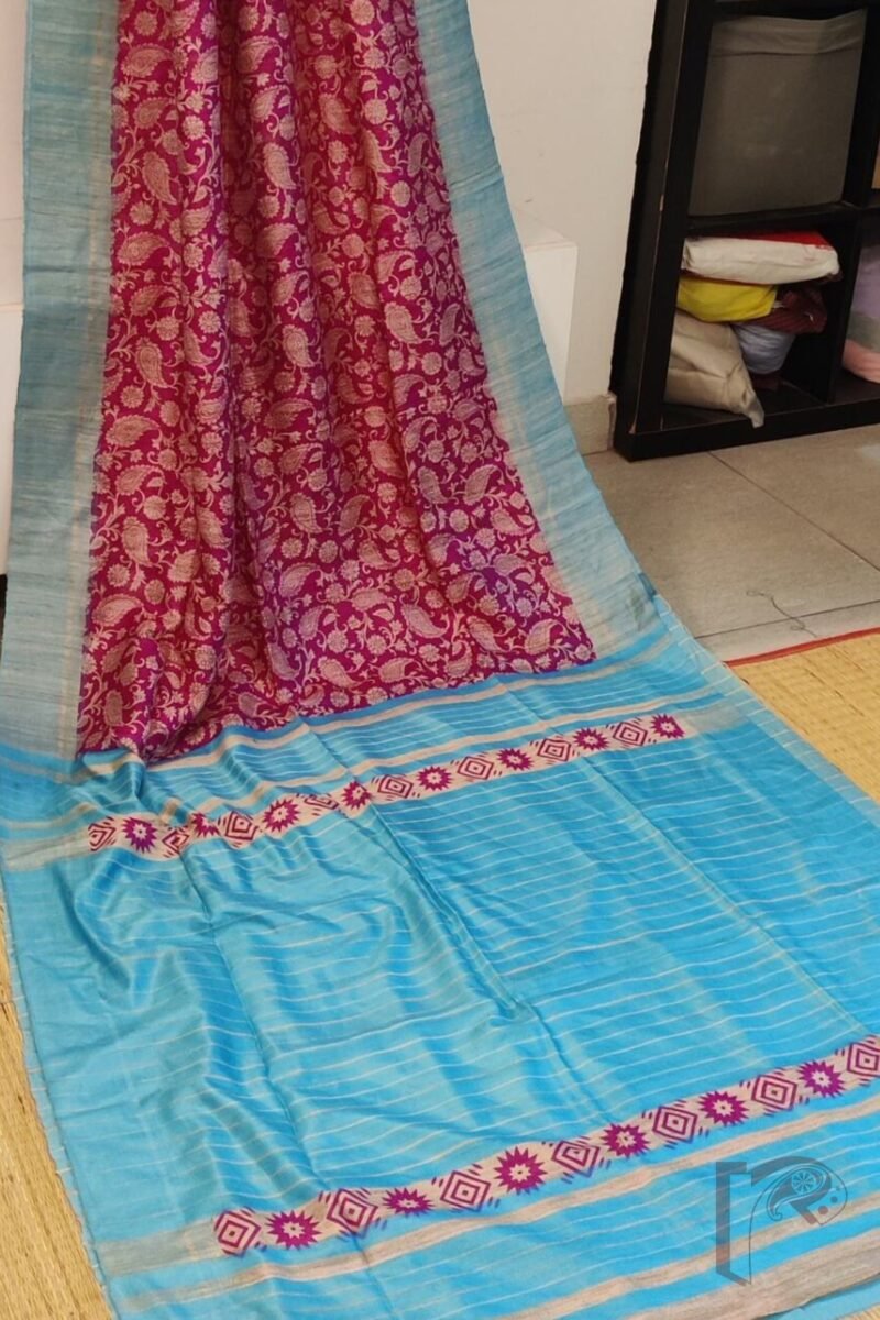 Tussar Tales - Hot Pink and Sky Blue Gicha Tussar Silk Saree with Cream Kalamkari Mango and Leaf Print and Striped Blue Blouse - Image 7