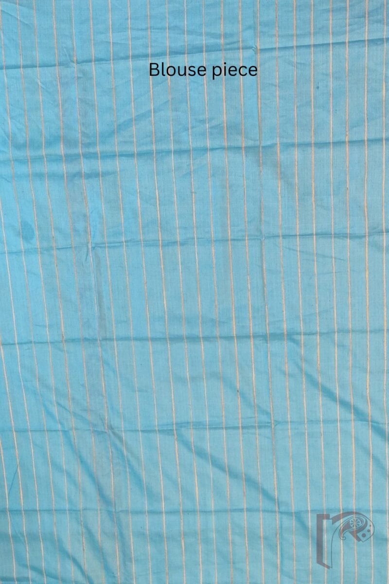 Tussar Tales - Hot Pink and Sky Blue Gicha Tussar Silk Saree with Cream Kalamkari Mango and Leaf Print and Striped Blue Blouse - Image 8