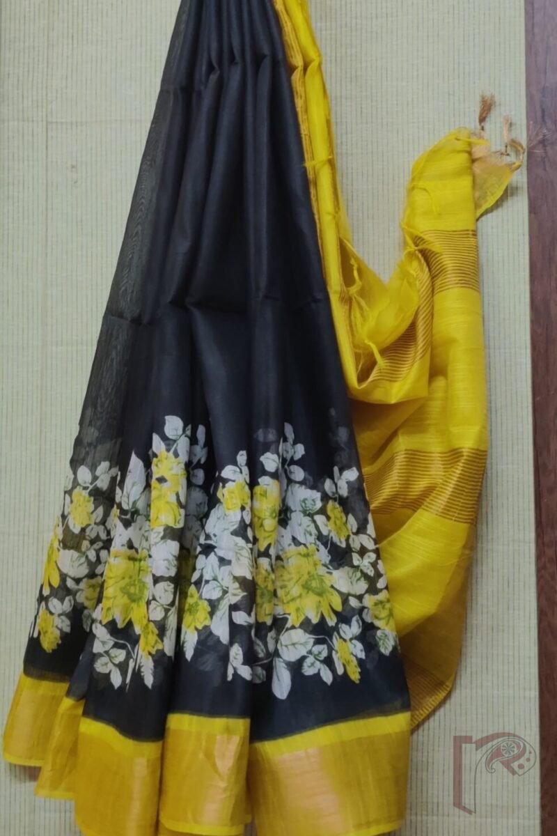 Jayshree Jiva - Black Cotton Silk Saree with Yellow Floral Bunch Print and Broad Yellow Zari Border - Image 2