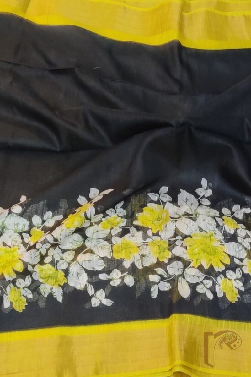 Jayshree Jiva - Black Cotton Silk Saree with Yellow Floral Bunch Print and Broad Yellow Zari Border - Image 3