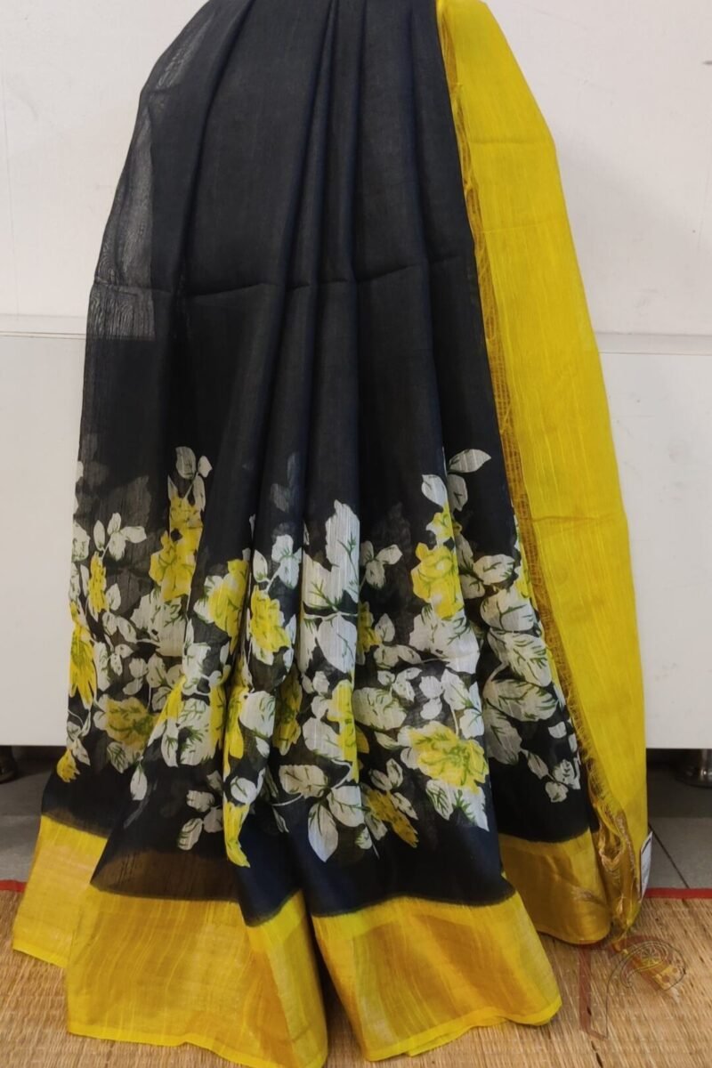 Jayshree Jiva - Black Cotton Silk Saree with Yellow Floral Bunch Print and Broad Yellow Zari Border - Image 4