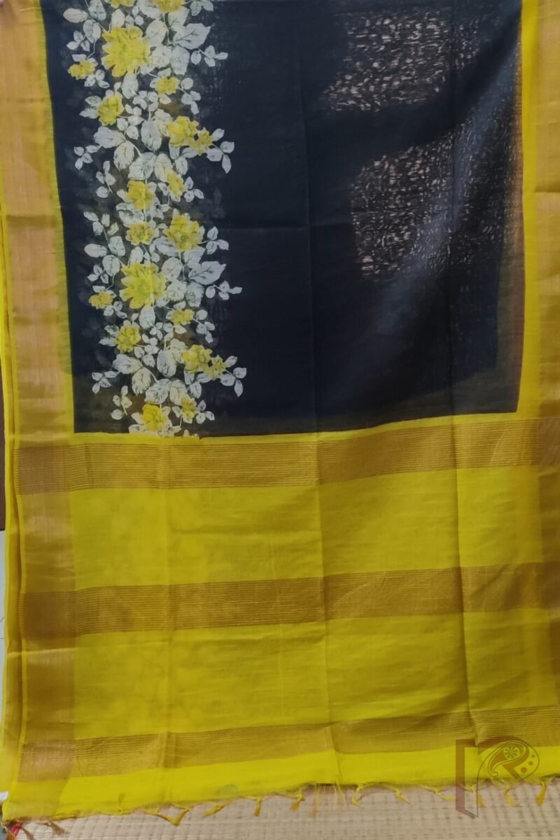 Jayshree Jiva - Black Cotton Silk Saree with Yellow Floral Bunch Print and Broad Yellow Zari Border - Image 5