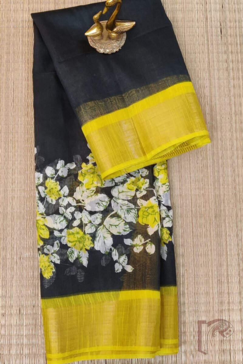 Jayshree Jiva - Black Cotton Silk Saree with Yellow Floral Bunch Print and Broad Yellow Zari Border