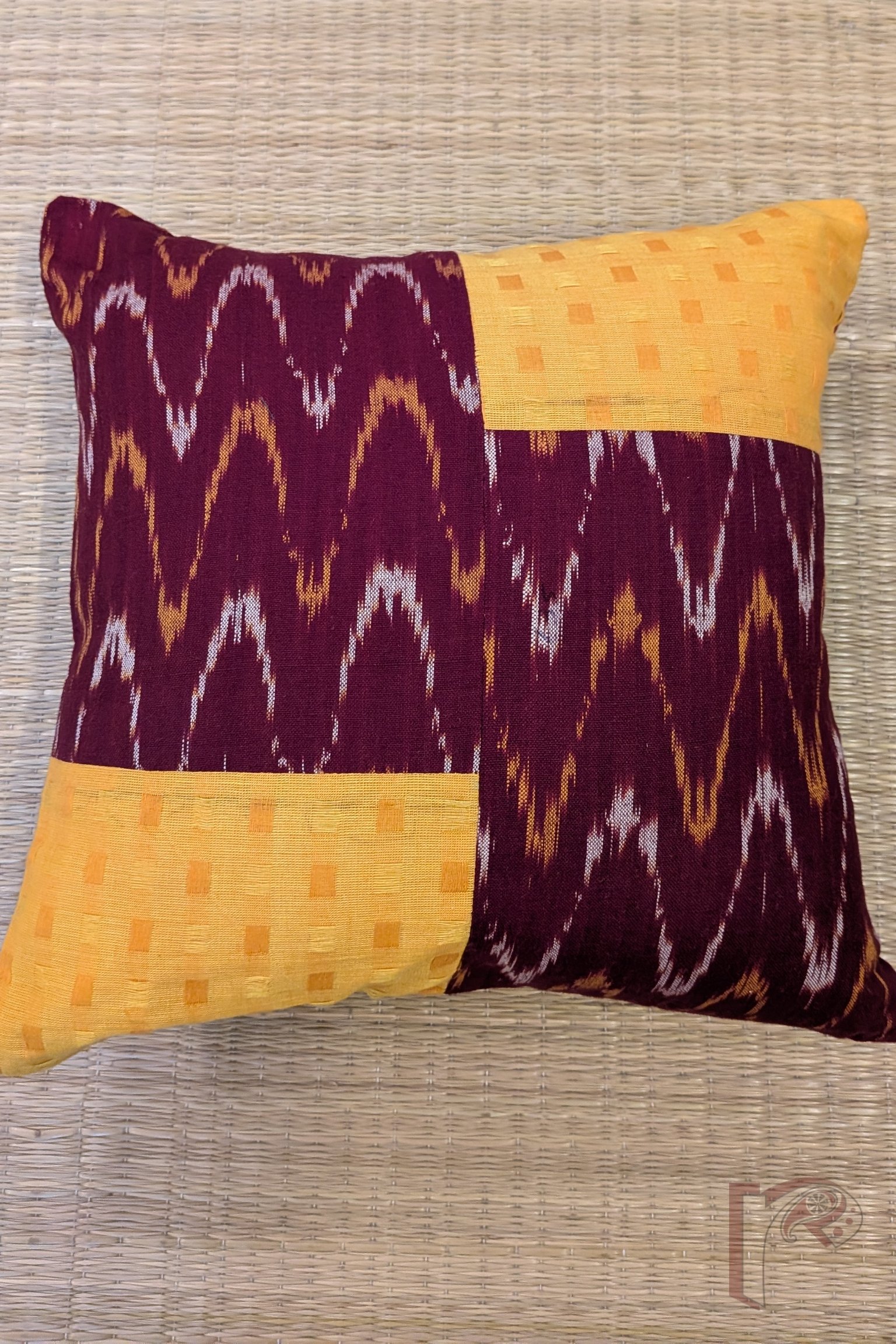 Cozy Cushion: Maroon Ikat and Bright Golden Yellow Mangalgiri Cotton Box Pattern Cushion Cover 12" x 12" - Image 2