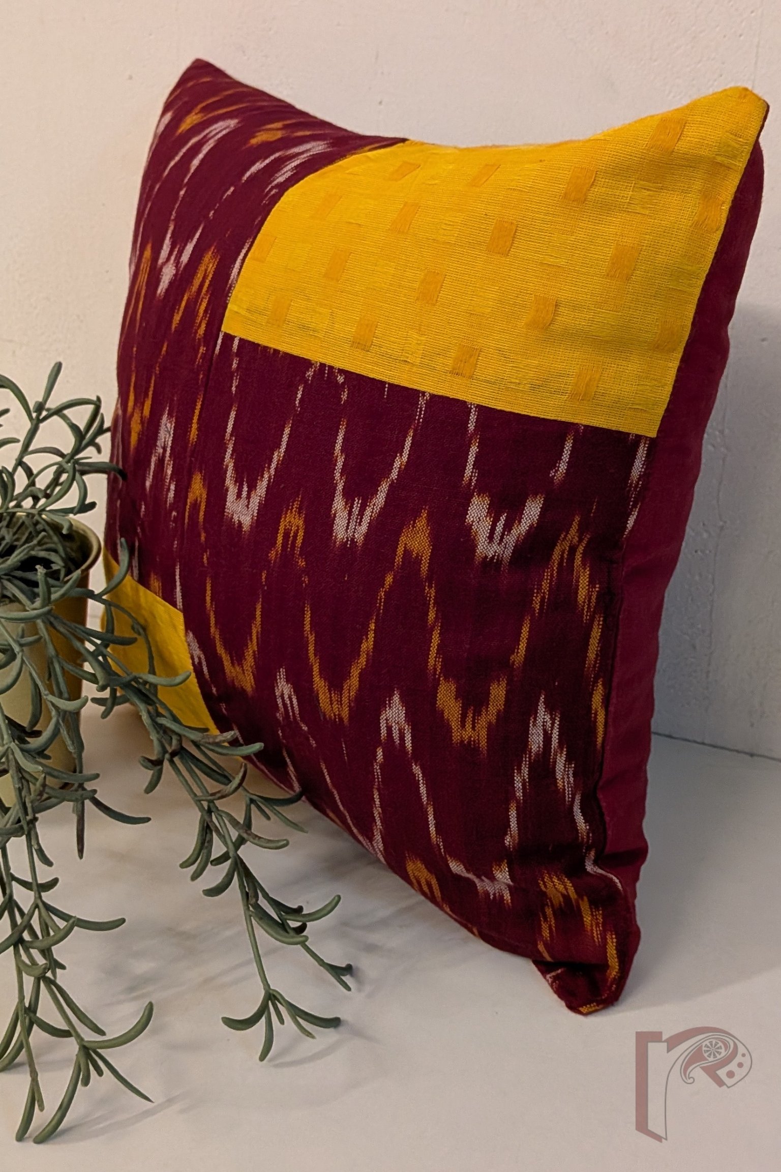 Cozy Cushion: Maroon Ikat and Bright Golden Yellow Mangalgiri Cotton Box Pattern Cushion Cover 12" x 12" - Image 3