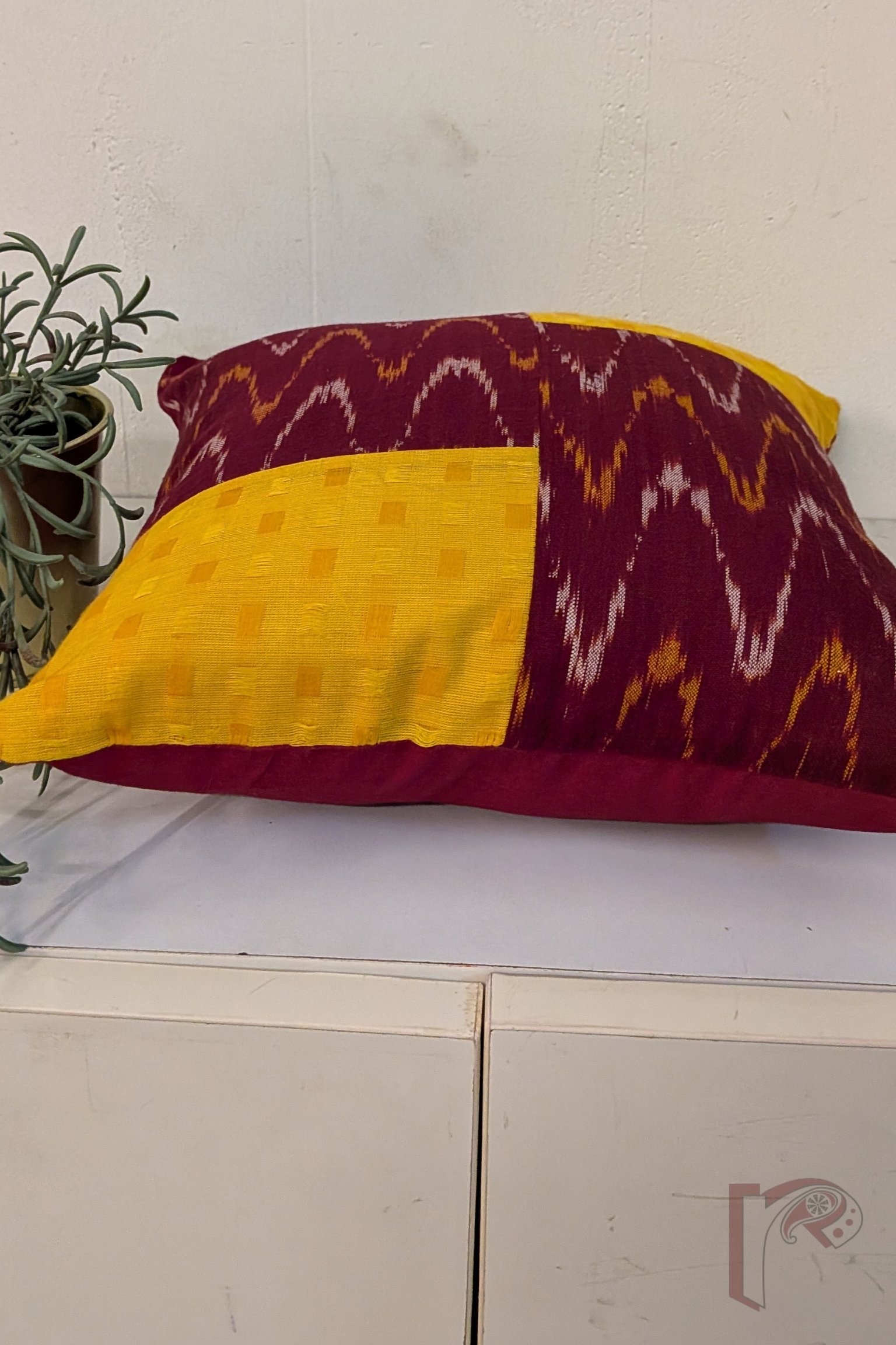 Cozy Cushion: Maroon Ikat and Bright Golden Yellow Mangalgiri Cotton Box Pattern Cushion Cover 12" x 12" - Image 4