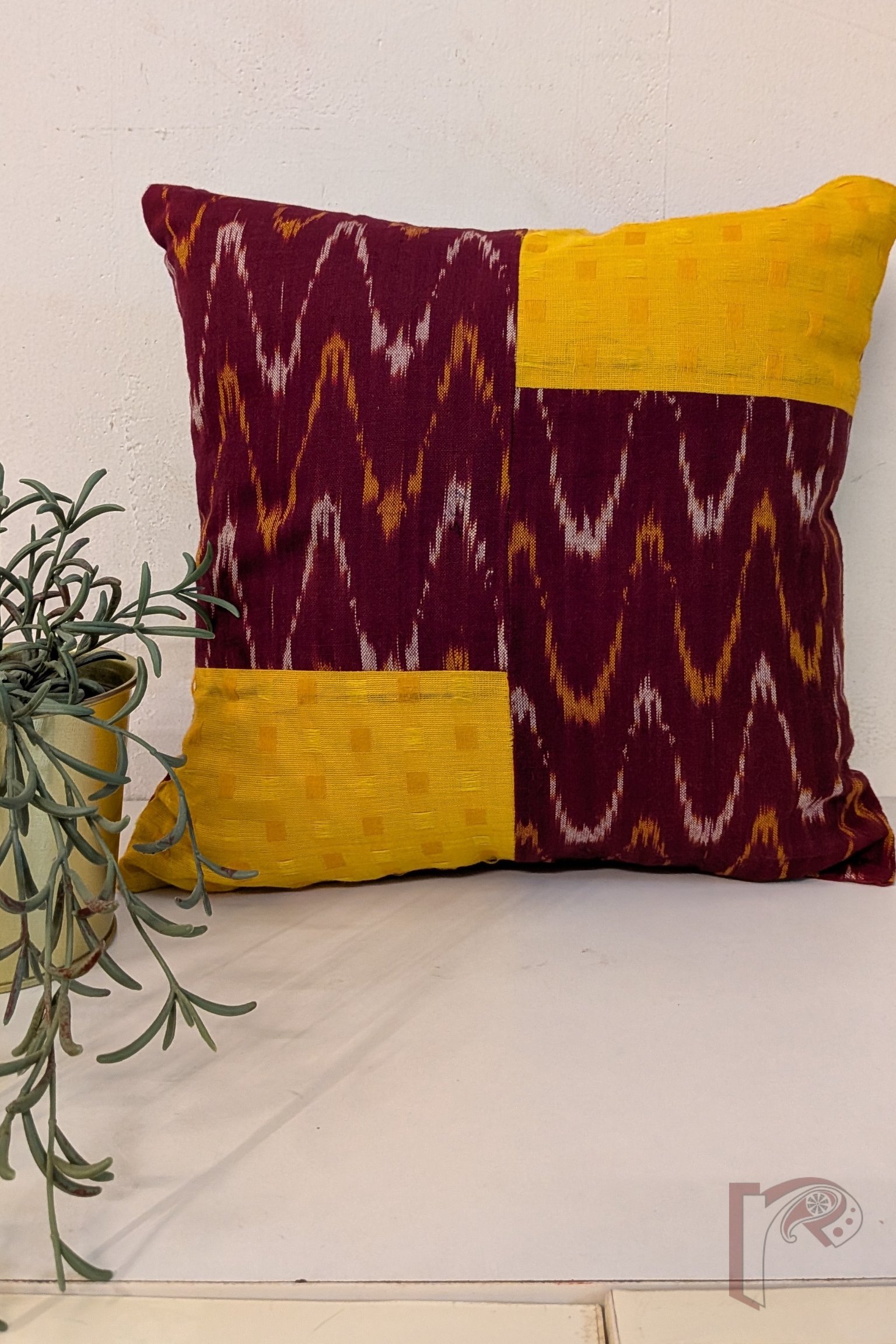 Cozy Cushion: Maroon Ikat and Bright Golden Yellow Mangalgiri Cotton Box Pattern Cushion Cover 12" x 12"