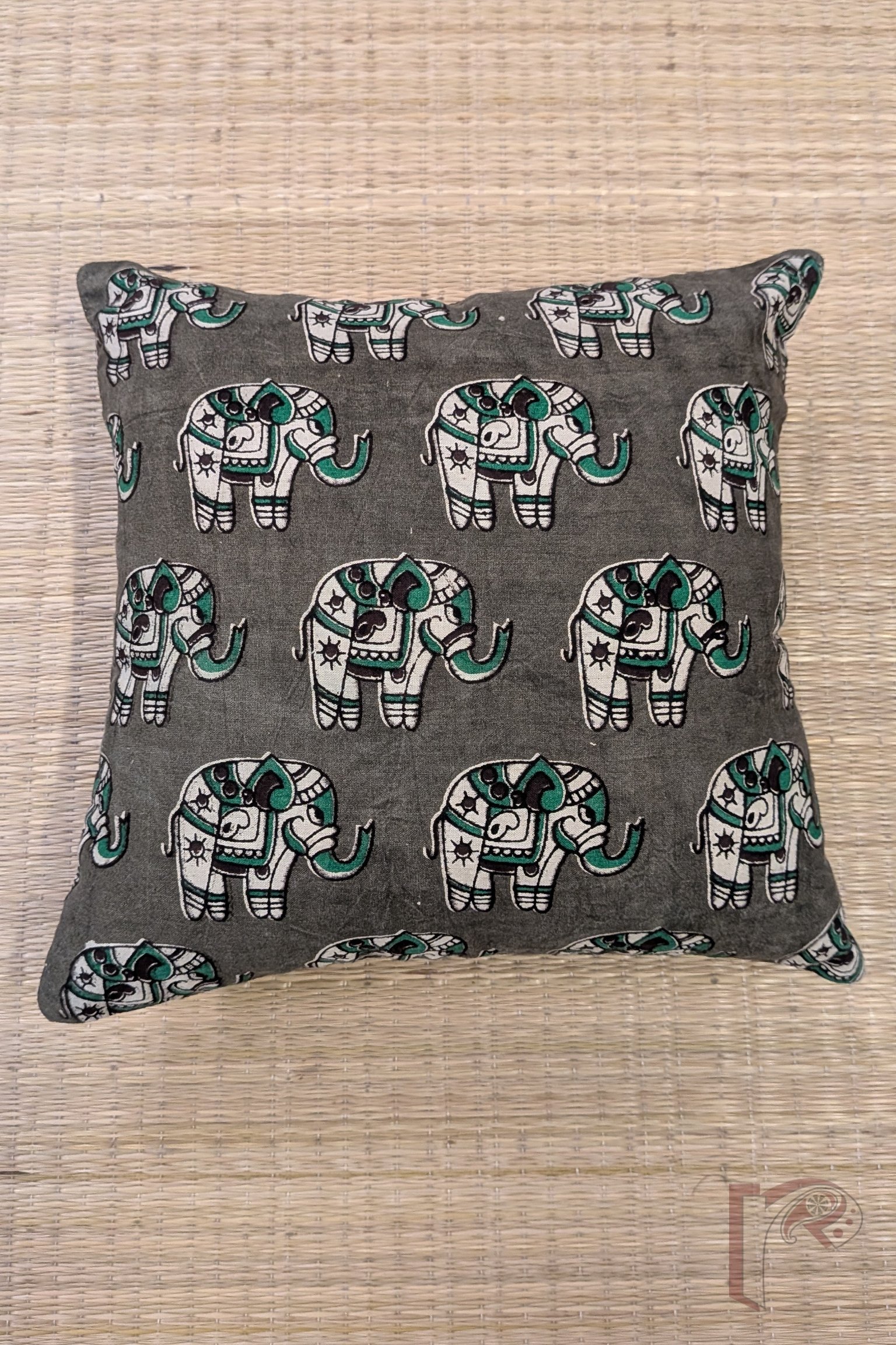Cozy Cushion: Muddy Green Kalamkari Elephant Print Cotton Cushion Cover 12" x 12" - Image 2