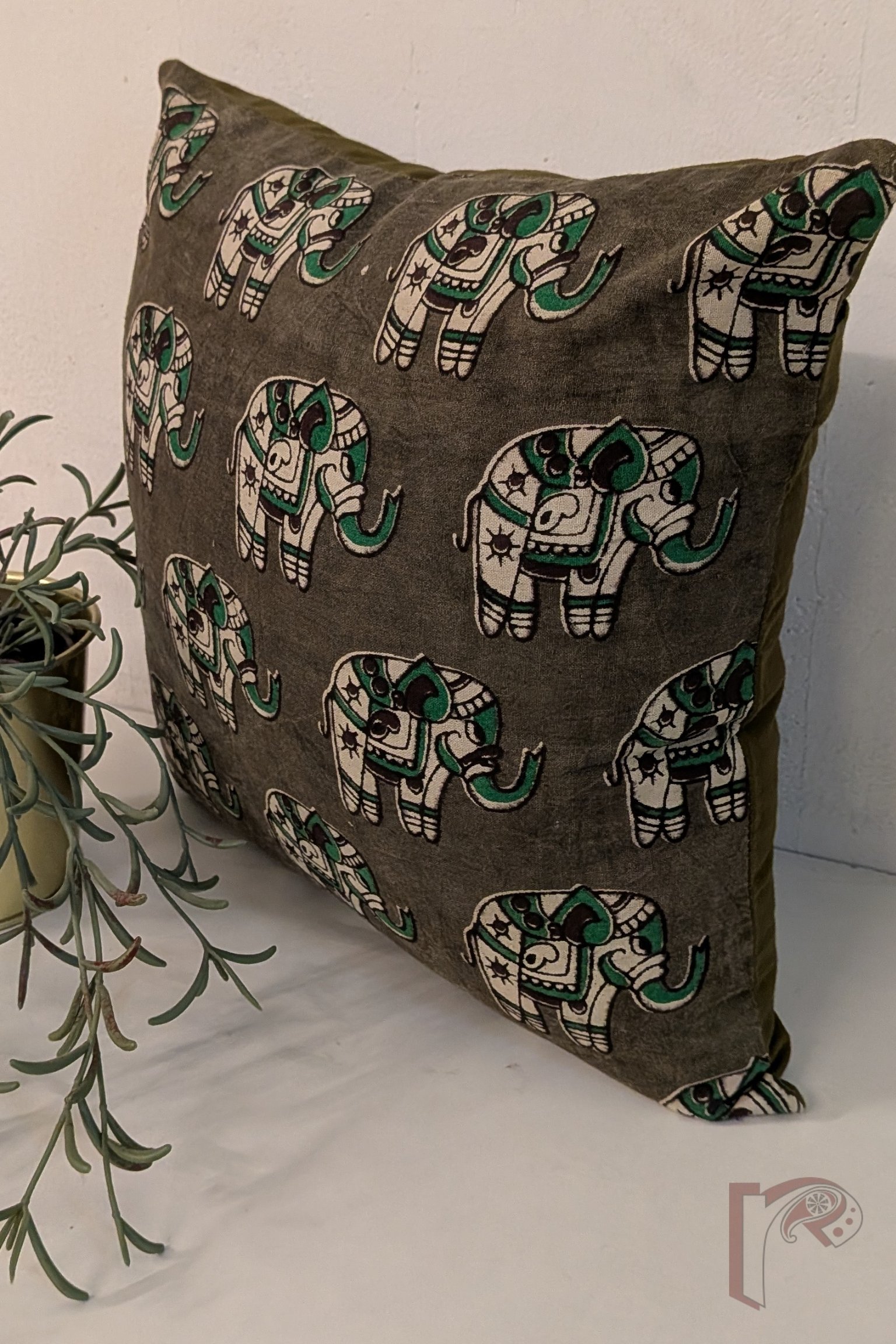 Cozy Cushion: Muddy Green Kalamkari Elephant Print Cotton Cushion Cover 12" x 12" - Image 3