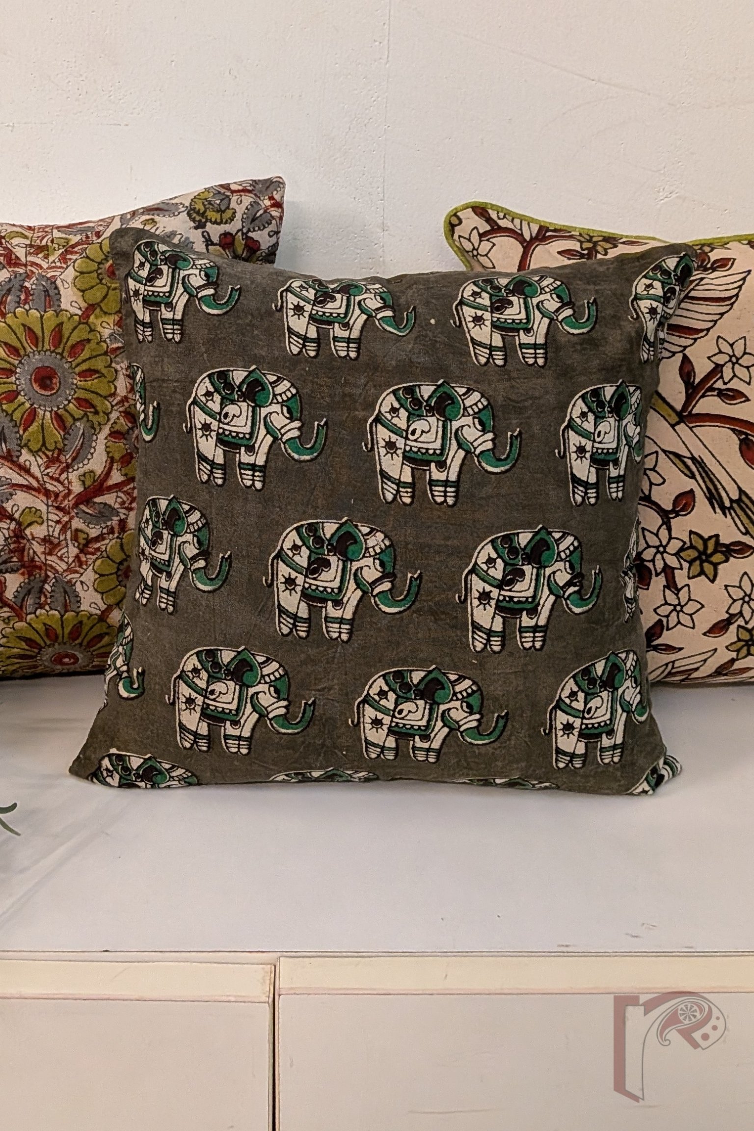 Cozy Cushion: Muddy Green Kalamkari Elephant Print Cotton Cushion Cover 12" x 12" - Image 4