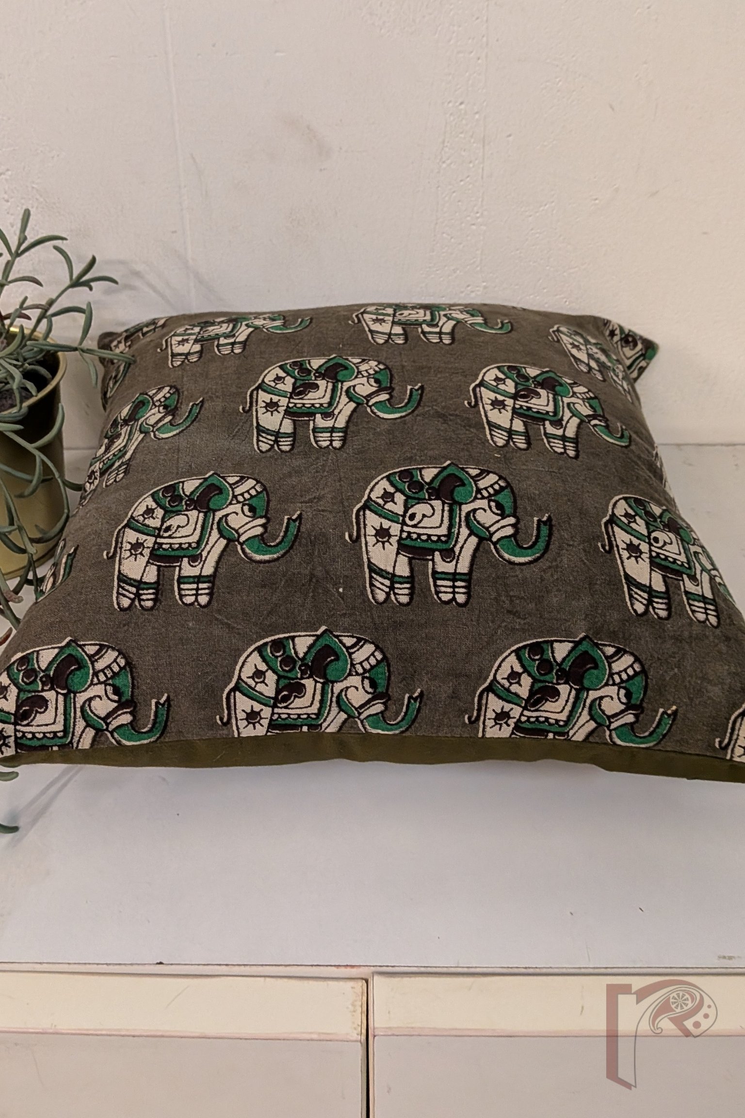 Cozy Cushion: Muddy Green Kalamkari Elephant Print Cotton Cushion Cover 12" x 12" - Image 5