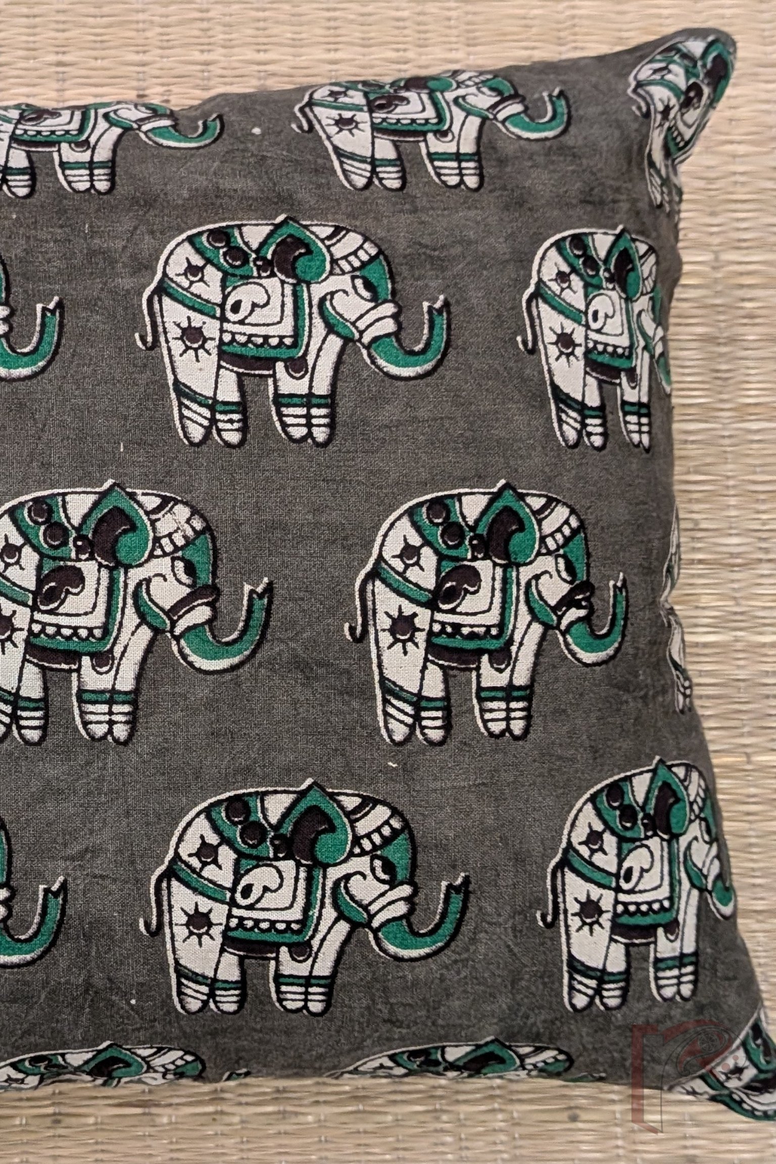 Cozy Cushion: Muddy Green Kalamkari Elephant Print Cotton Cushion Cover 12" x 12" - Image 6
