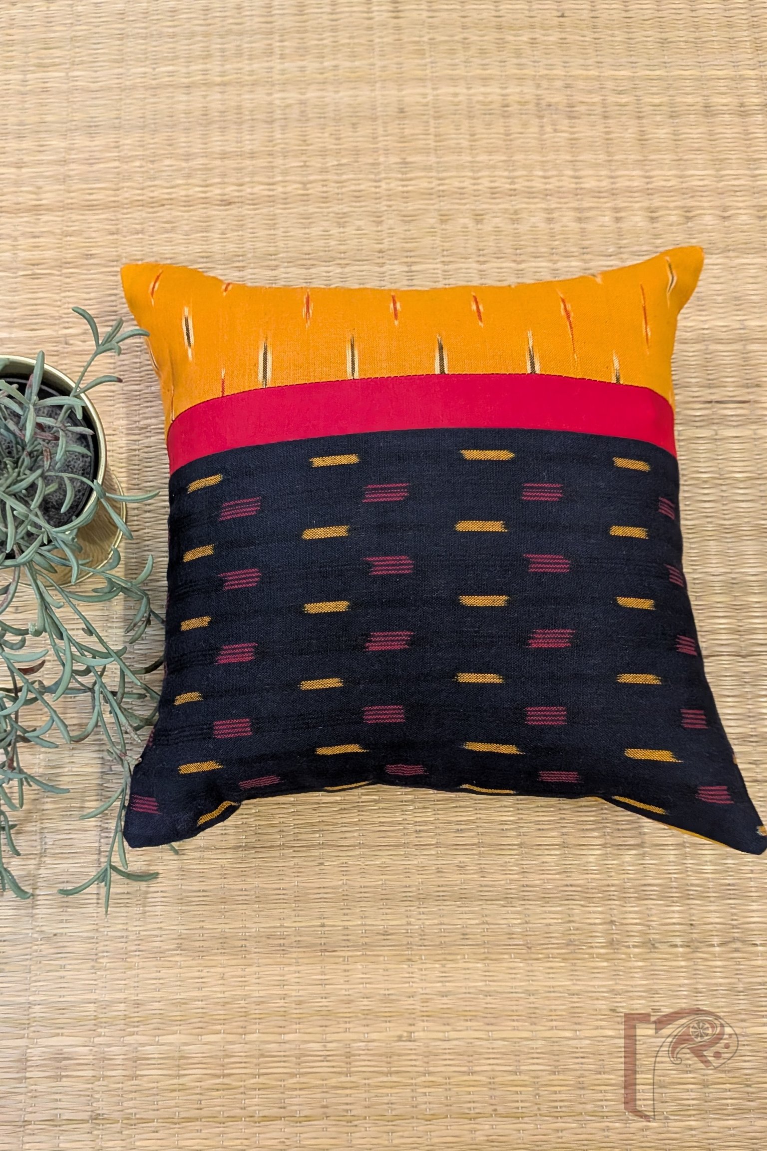 Cozy Cushion: Navy Blue and Mustard Ikat Cotton Cushion Cover with Red Strip 12" x 12" - Image 2