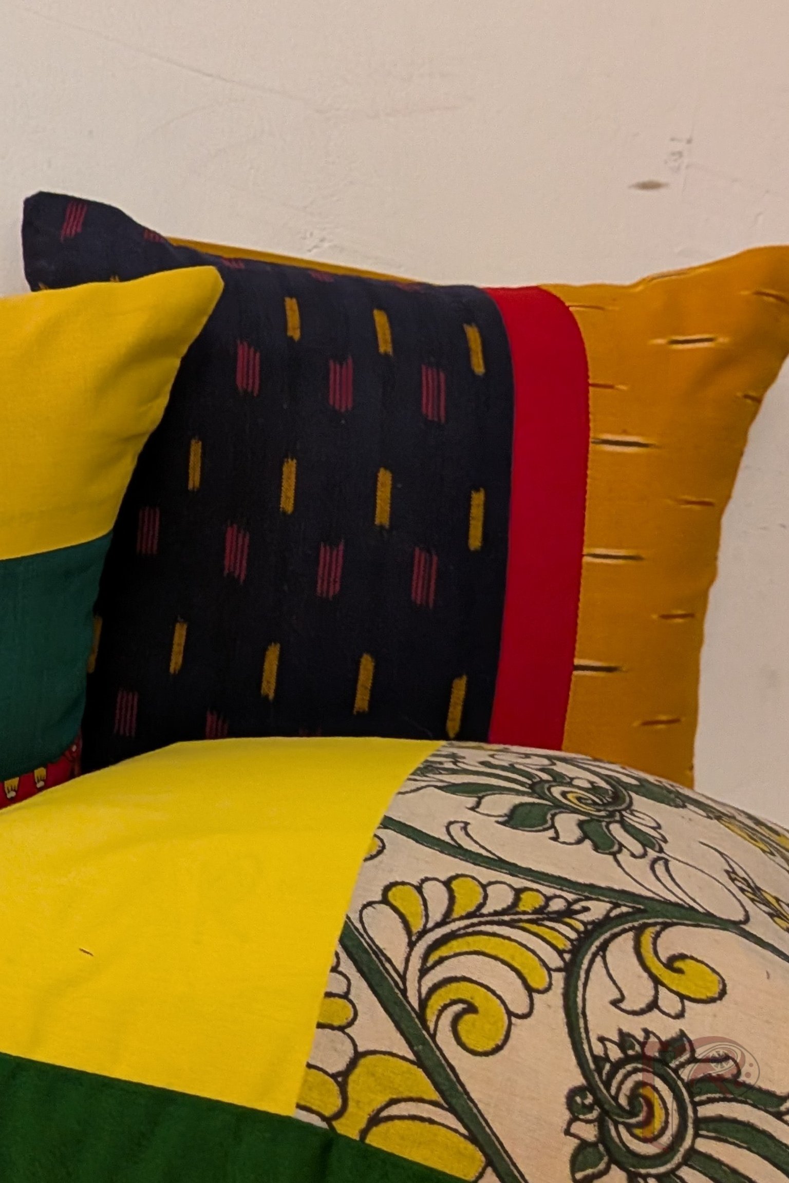 Cozy Cushion: Navy Blue and Mustard Ikat Cotton Cushion Cover with Red Strip 12" x 12" - Image 4