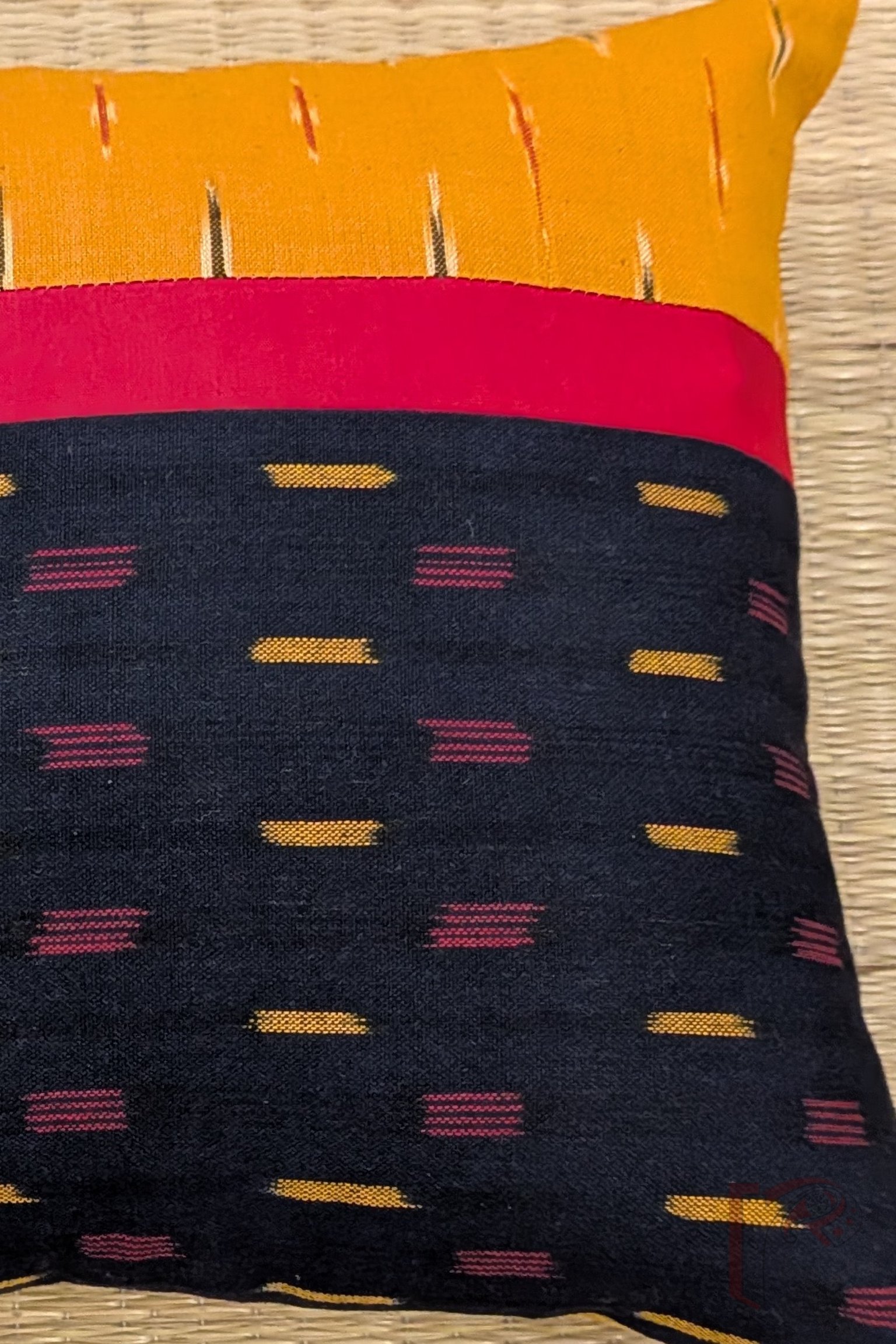 Cozy Cushion: Navy Blue and Mustard Ikat Cotton Cushion Cover with Red Strip 12" x 12" - Image 6