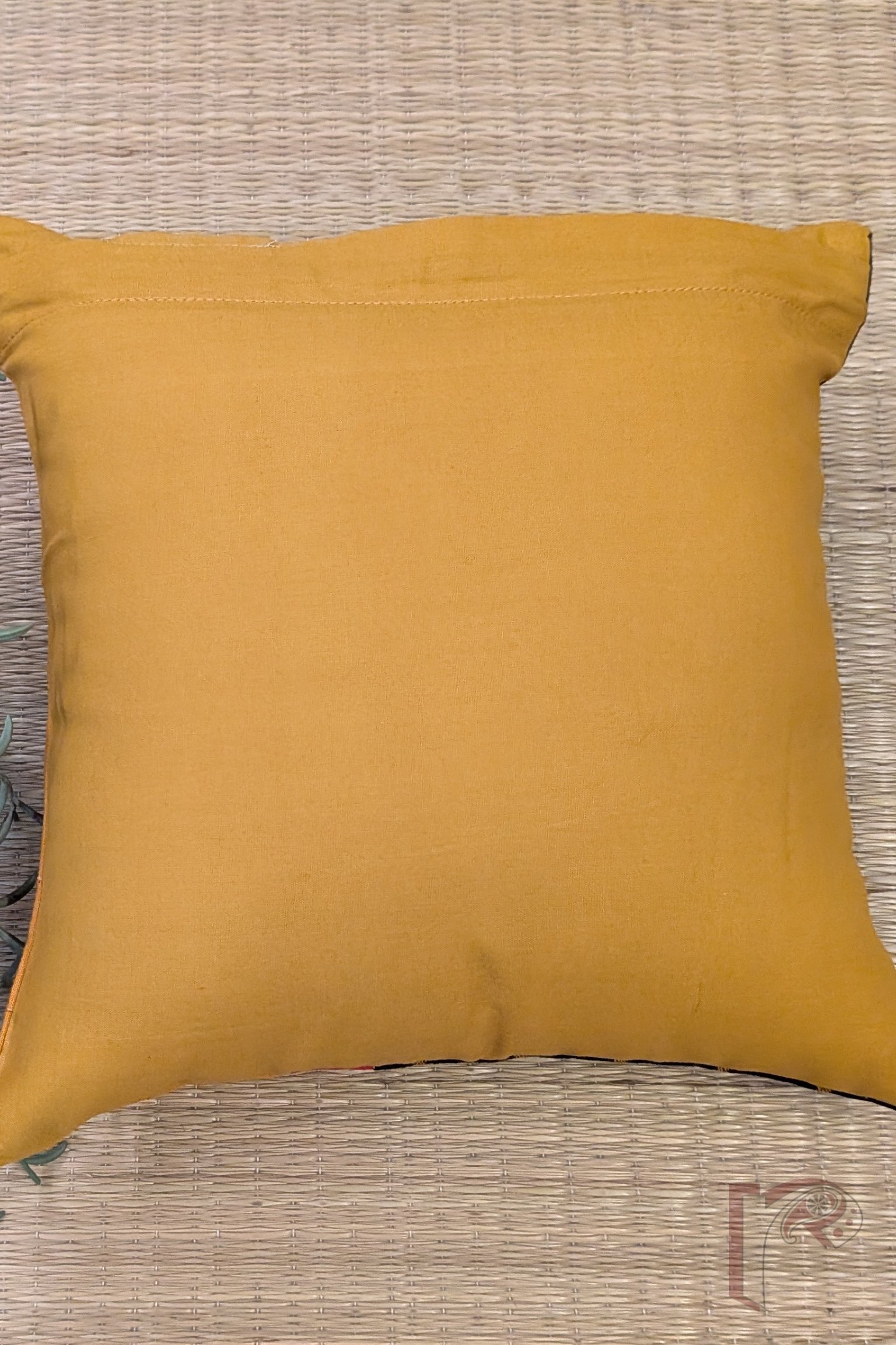 Cozy Cushion: Navy Blue and Mustard Ikat Cotton Cushion Cover with Red Strip 12" x 12" - Image 7